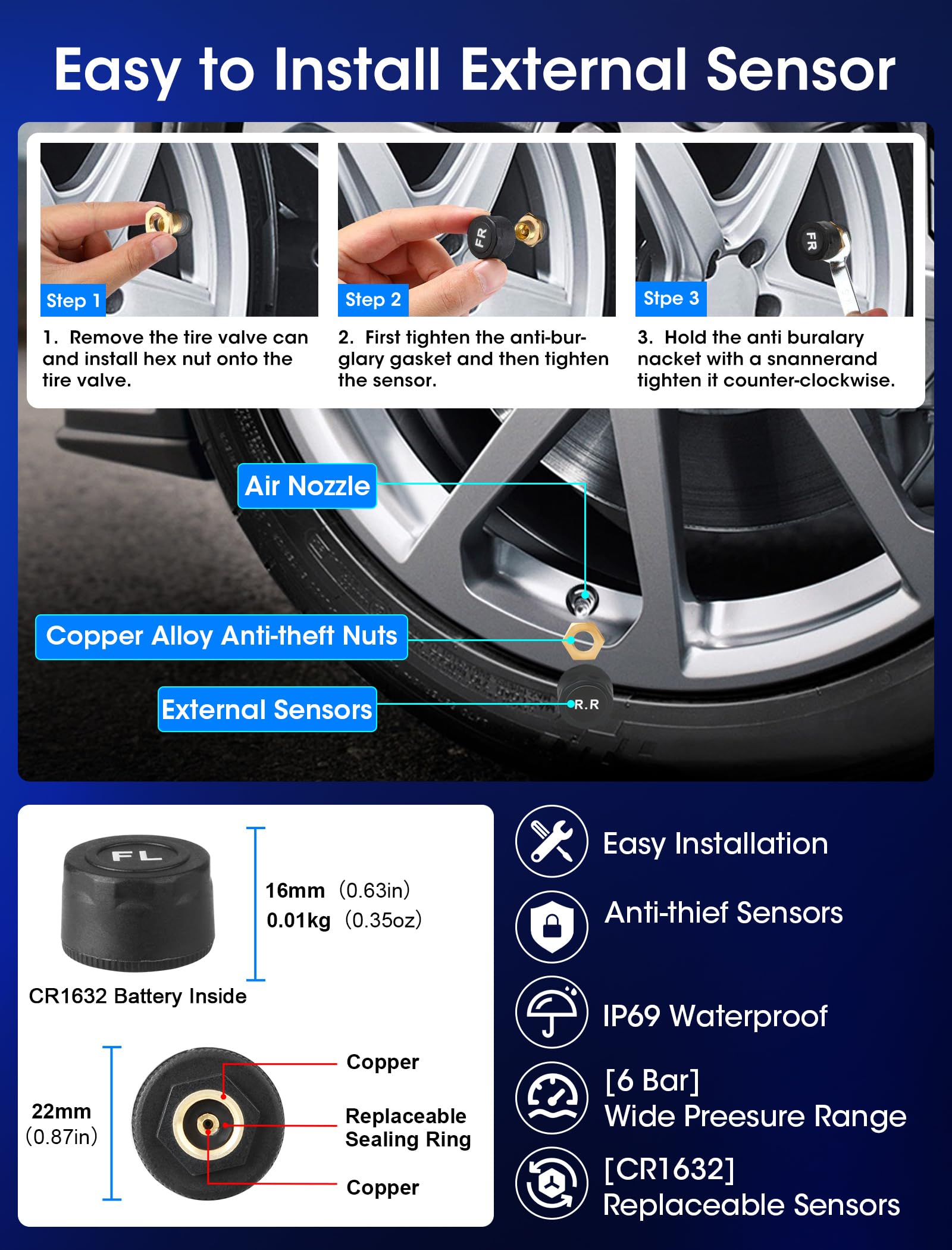 Vtopek TPMS Reifendruckkontrollsystem 3,5-Zoll Solar Reifendruckkontrollsystem mit 4/2-Rad-Modi 0,01 Bar Hochpräzise Abnehmbare Wireless TPMS Echtzeiterkennung Reifendrucksensoren Auto für Van SUV