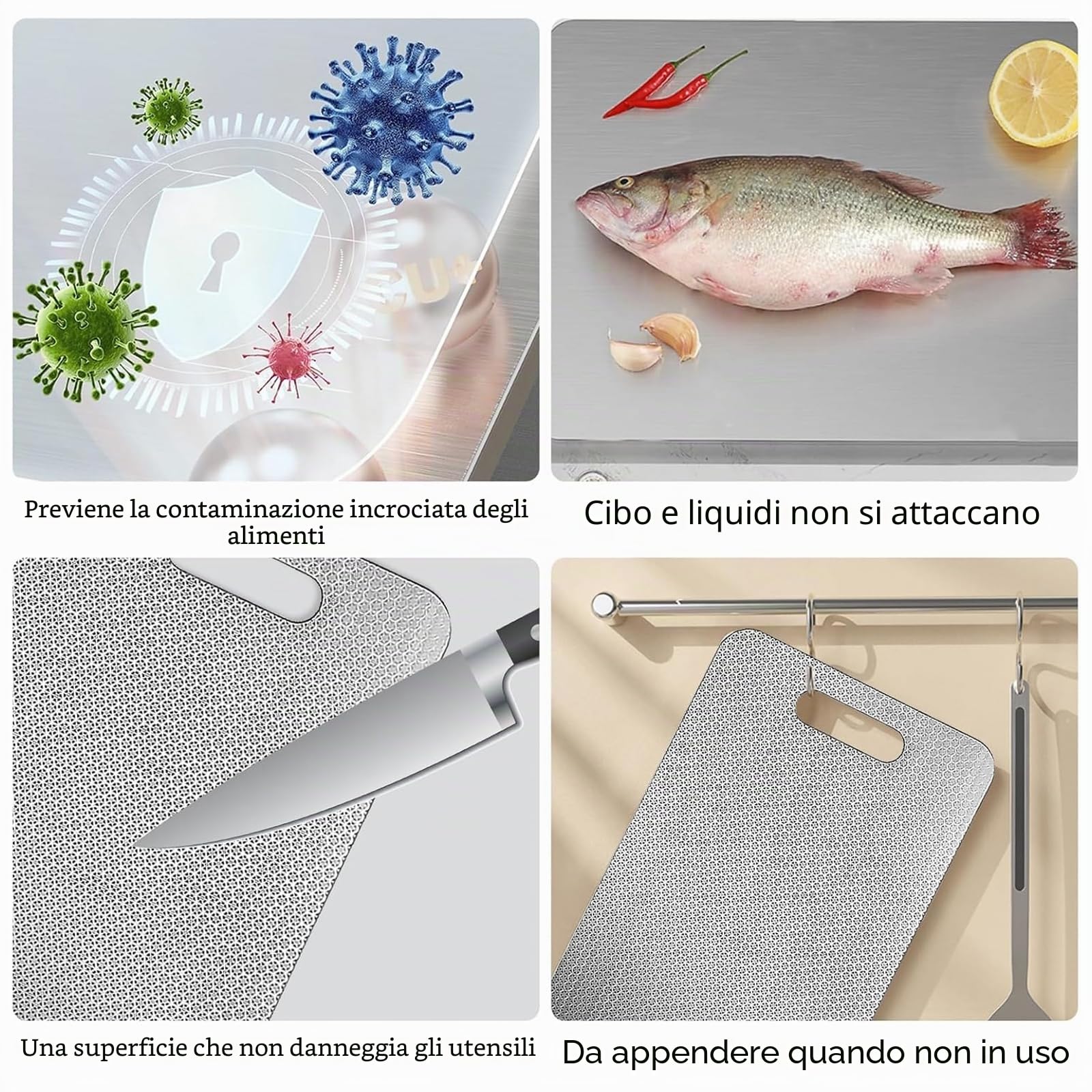GOMETY Set di 3 taglieri acciaio inox 316, tagliere acciaio inox alimentare doppia faccia, resistente ai graffi, tagliere da cucina acciaio inox antiscivolo, durevole e tagliere acciaio inox senza BPA