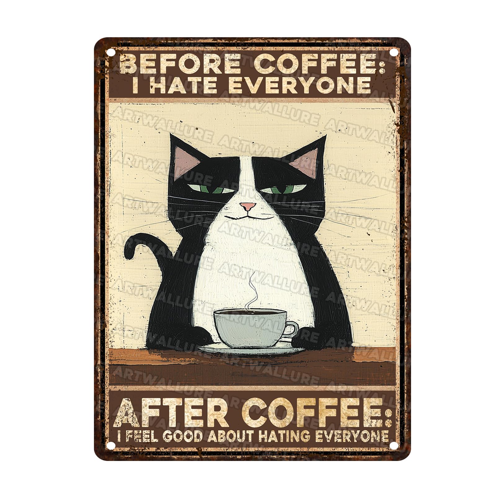 Coffee Cat Metal Sign Retro Cafe Decor Vintage Wall Art Sign Metal Plaque for Home Kitchen Wall Decor 12x16inch