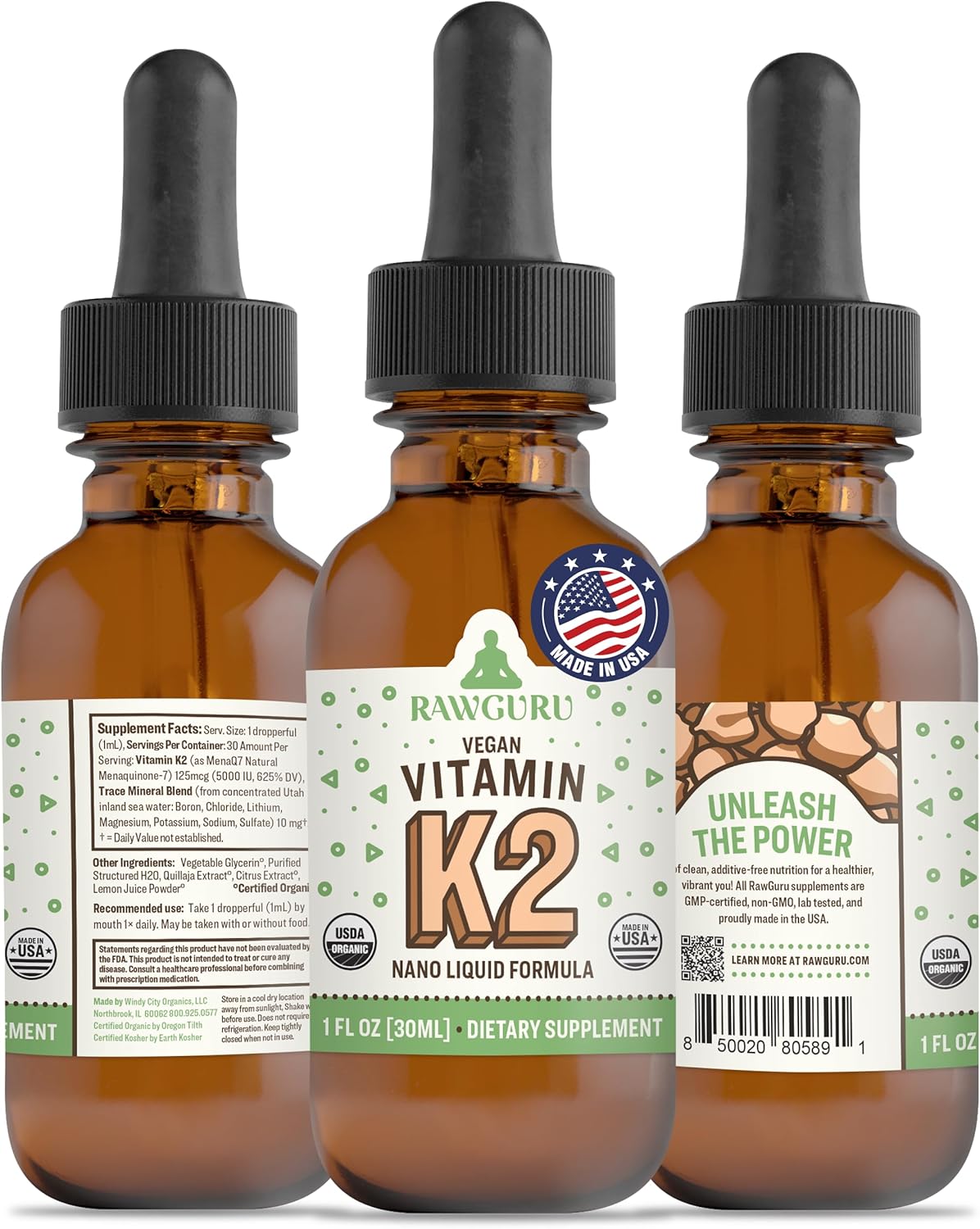 RawGuru Vitamin K2 Supplement – Organic Vegan Vitamin K2 MK7 with Trace Minerals – Nano-Processed Antioxidant & Immune Support Supplement Tincture – 30 Servings of Vegan Drops per 30 ml, Pack of 1