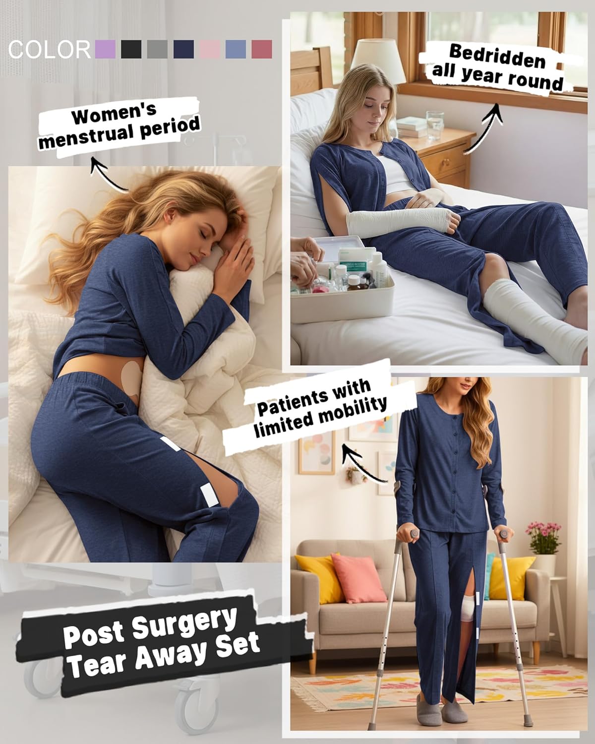 Women's Bedridden Clothes Tear Away Post Suits Full Opening on Both Sides Long Sleeve Hospital Gowns