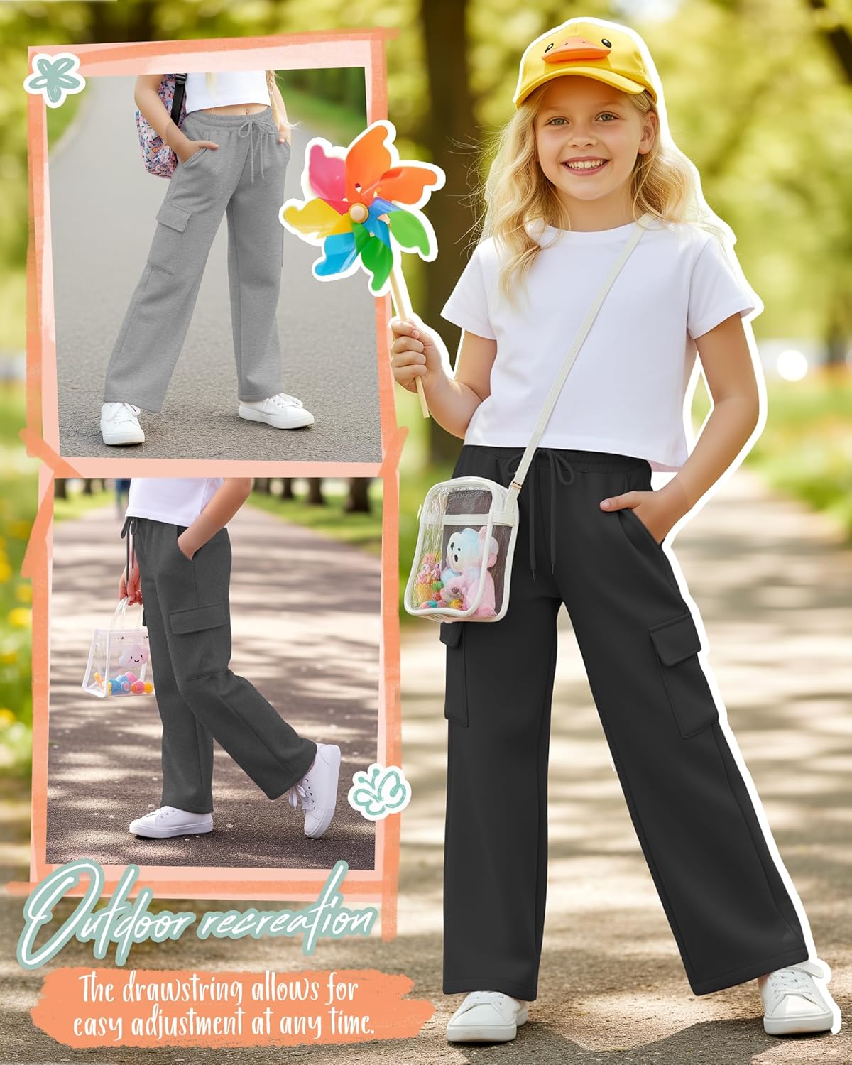 3 Pack Girls' Cargo Sweatpants Kids Wide Leg Pants Loose Baggy Elastic Drawstring Joggers with 4 Pockets 5-14 Years