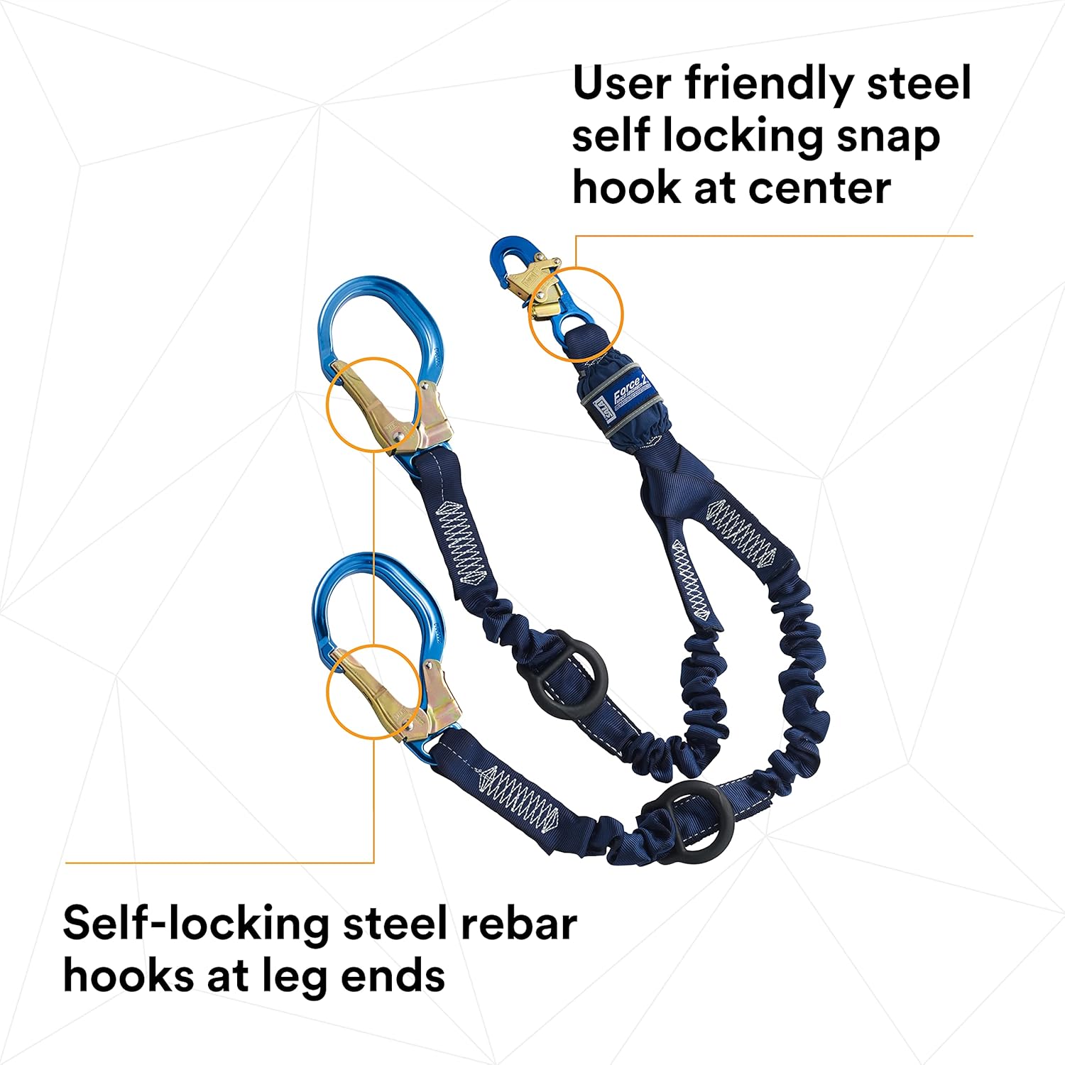 3M DBI-SALA SHOCKWAVE Force2 1246032 Shock Absorbing Lanyard, Snap Hook One End, Alum Rebar 25"" Opening Hooks Leg Ends, Rescue D-Rings Ends, 6