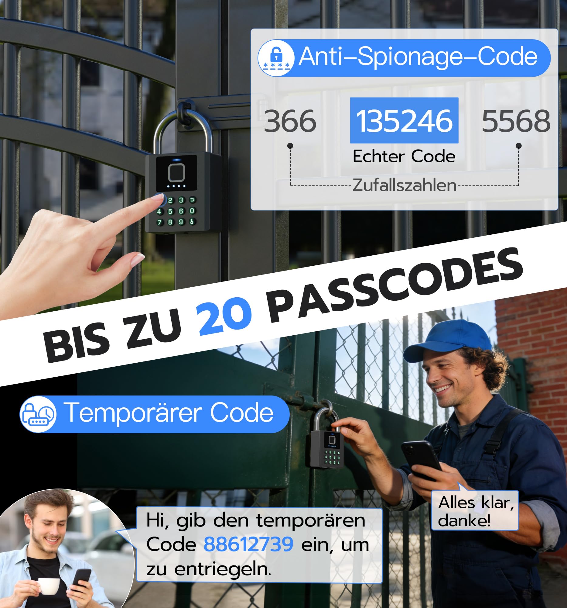 Smartes Fingerabdruck-Vorhängeschloss mit App & PIN-Code | 5-in-1 Öffnung mit Fingerabdruck, PIN, App, Apple Watch & Schlüssel. IP67 wetterfest, USB-C Akku für Garage, Garten & Spind.