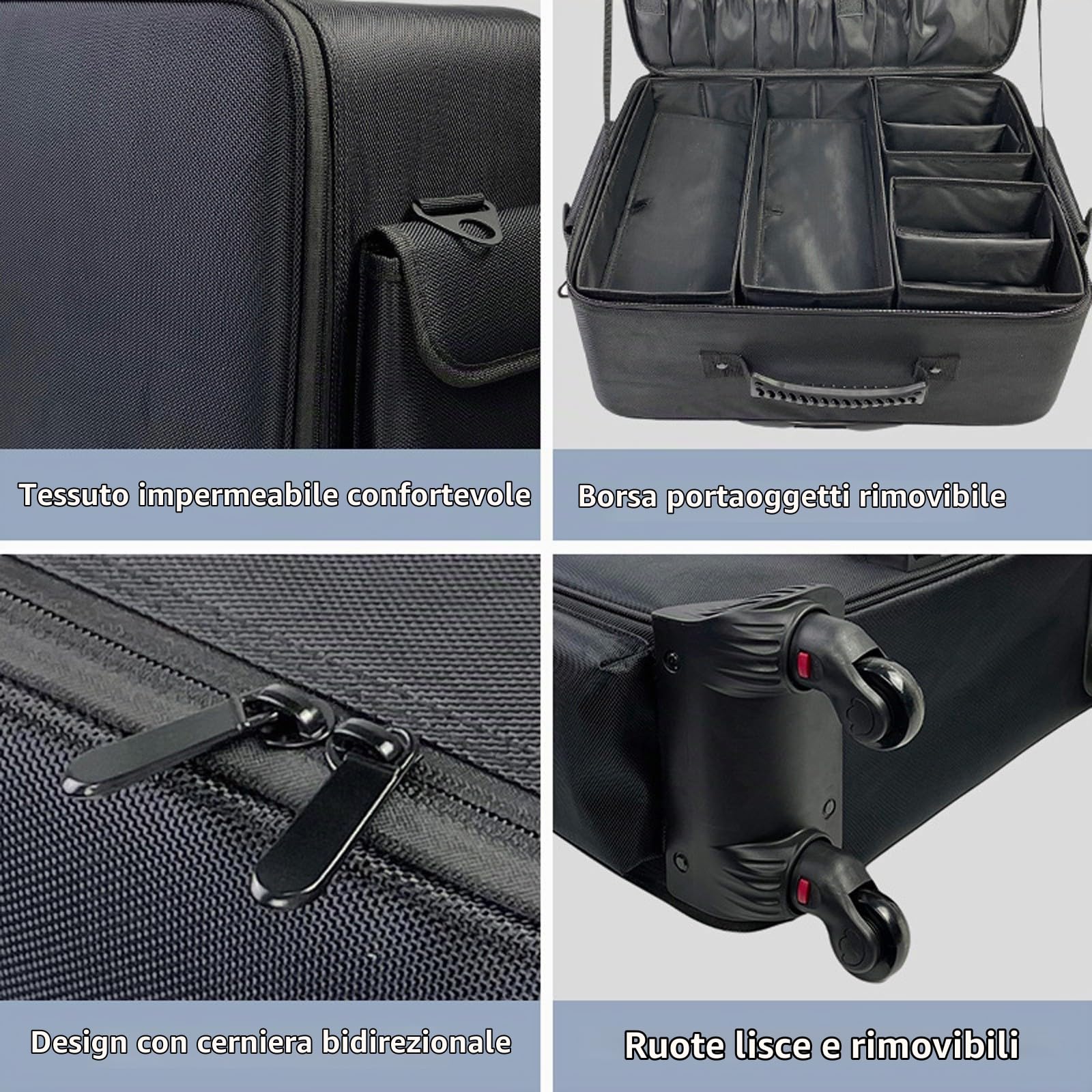 Valigia per cosmetici a più livelli, impermeabile, organizer per trucchi con carrello retrattile, 48,7 cm, Nero