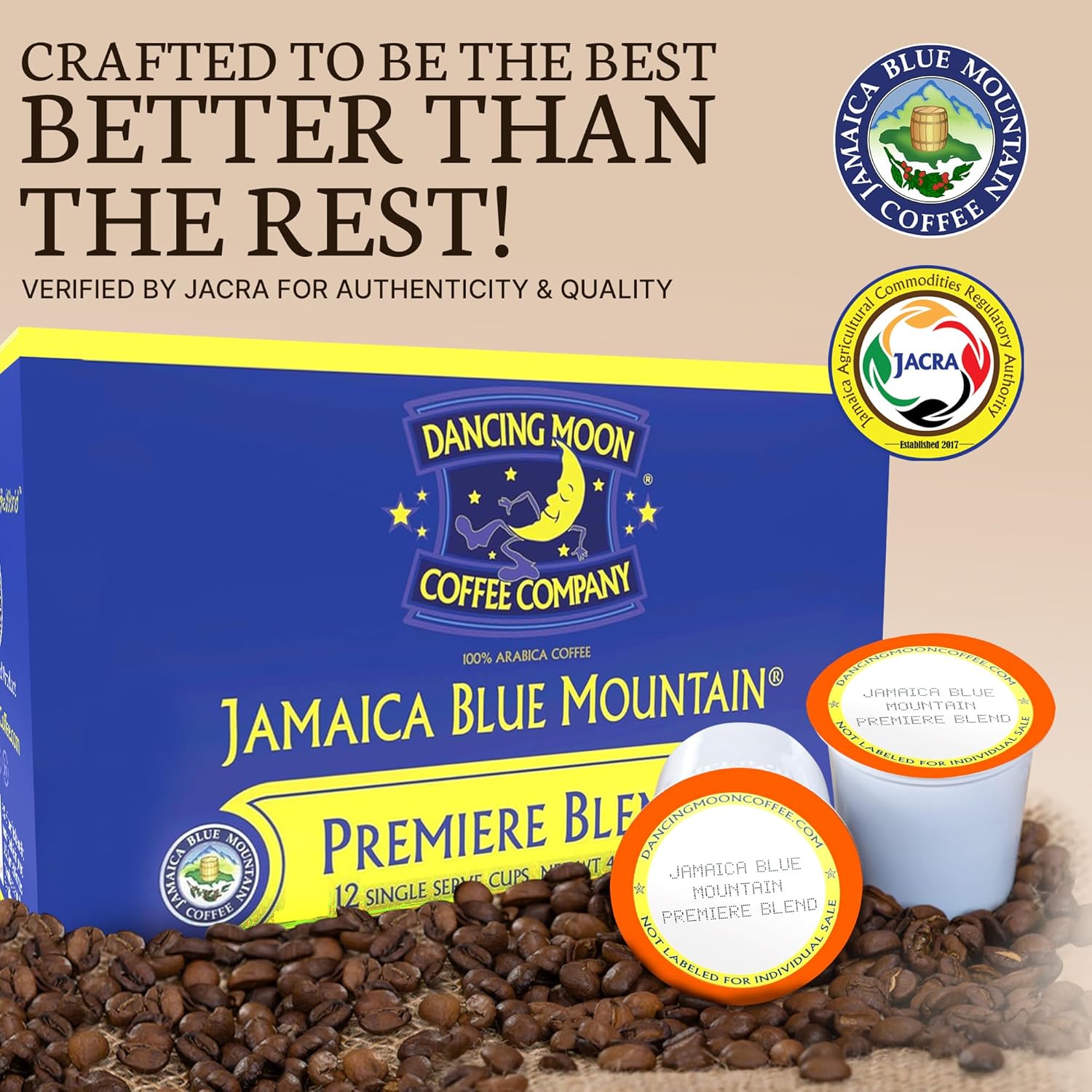 Dancing Moon Coffee Pods - Premiere Blend Jamaica Blue Mountain Coffee Beans, Medium Roast, Compatible with Keurig KCup Brewers, Small-Batch Crafted