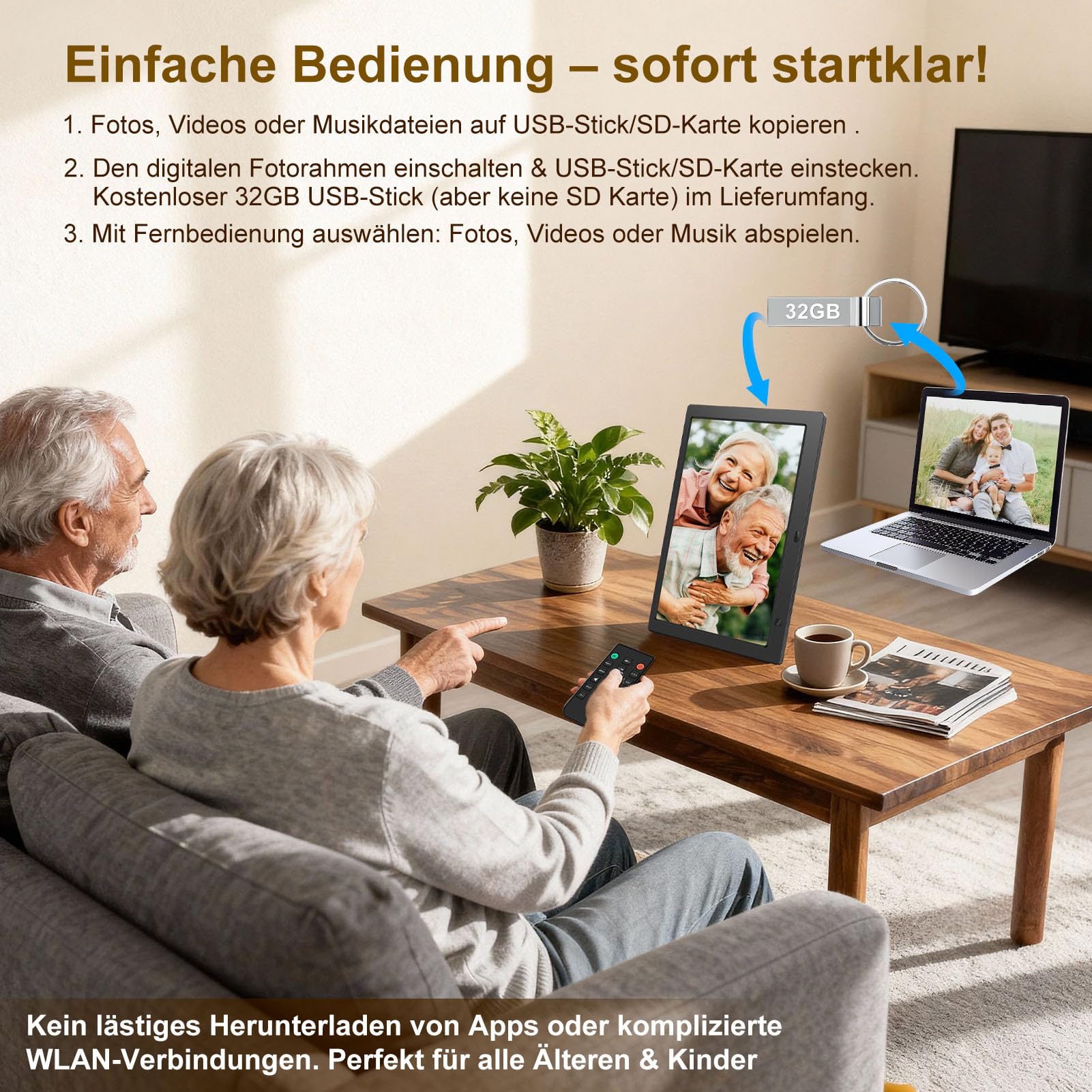 Digitaler Bilderrahmen Elektronischer Fotorahmen ohne WLAN, 10,1 Zoll IPS Bildschirm Photo Frame mit 32GB USB Stick & Bewegungssensor Kalendar/Zeitschaltuhr Foto/Video/Musik-Player Wandmontierbar