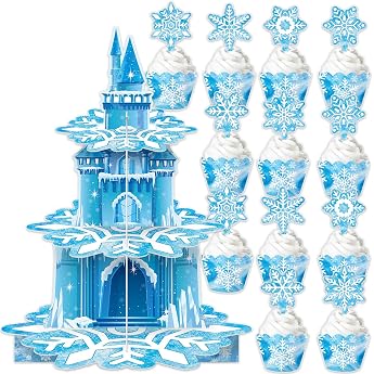 3 Tier Blue Snowflakes Cake Shelf Castle Theme Party Dessert Shelf Princess Birthday Items Girls Party Decoration Winter Supplies Snowflake Cake Decoration Edge