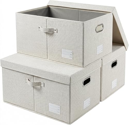 Miniatura 23 de PRANDOM Cajas de almacenamiento con tapas [paquete de 3] contenedores de almacenamiento plegables de tela, canastas con cubierta para el hogar,