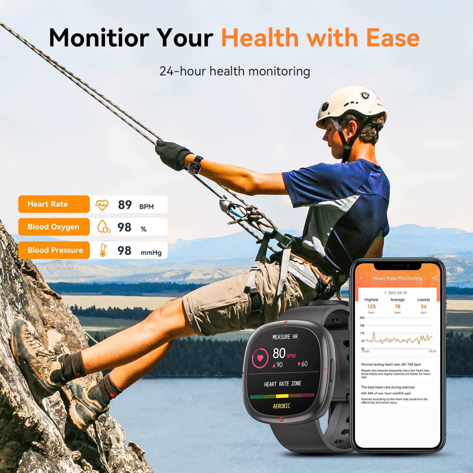 Man climbing, with the Mingdaln Smart Watch displaying heart rate, blood oxygen, and blood pressure readings