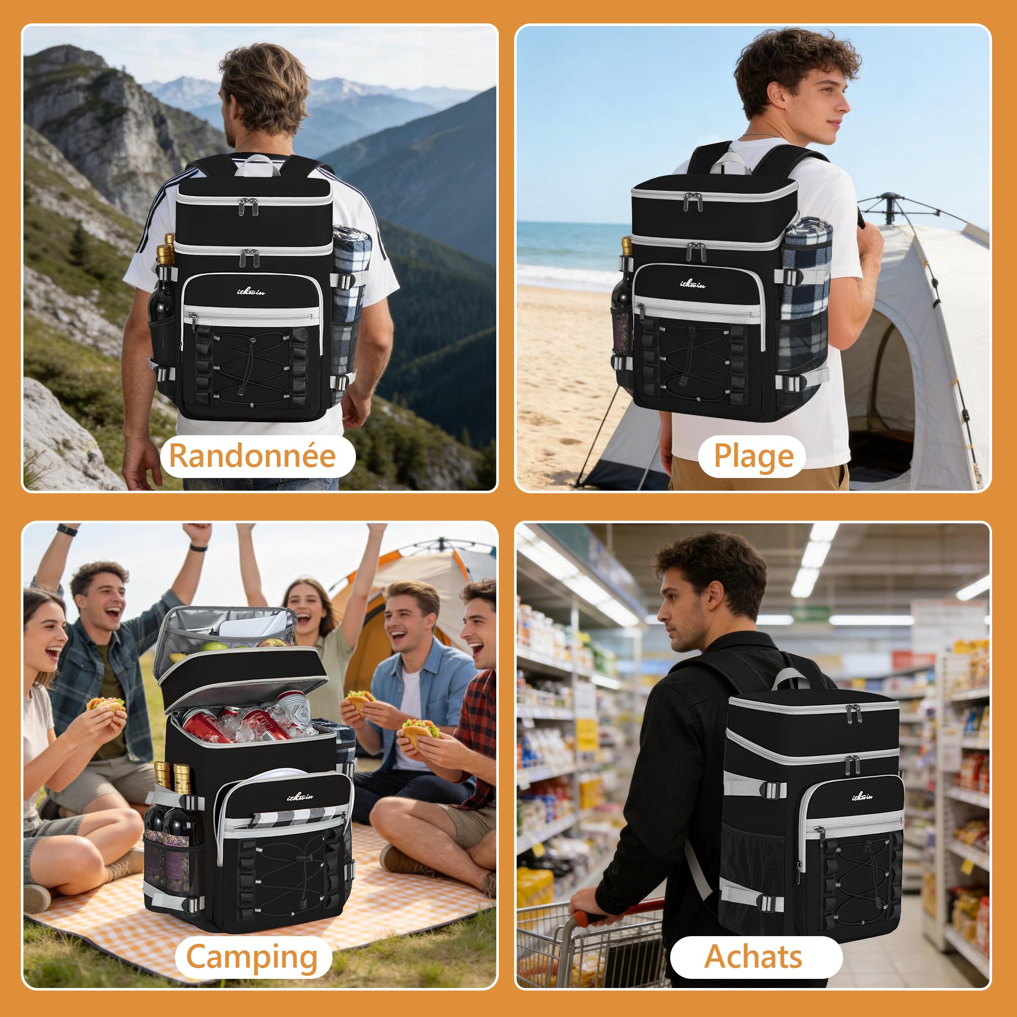 Sac à Dos Isotherme à Double Compartiment – Grande Capacité 28L pour Glacière Souple(Principal 22L + Secondaire 6L), Sac de Pique-Nique à Glacière Portable, pour Les Pique-Niques et Le Camping