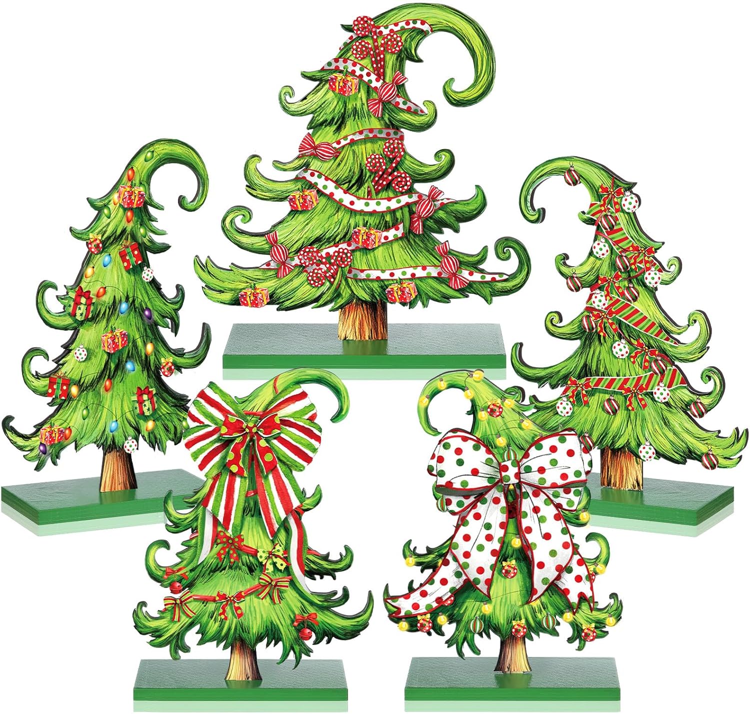 Pinkunn 5 Pcs Whimsical Christmas Table Decorations Wooden Lime Green Christmas Tree Table Centerpieces Lime Green Xmas Tree Wood Sign for Home Tabletop Ornament Holiday Xma Party Tiered Tray Decor