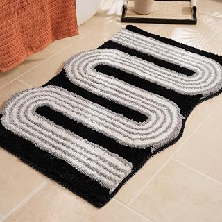 Wavy Boho Bathroom Rugs, Cute Retro Scalloped Bath Mat with Funky Geomet...