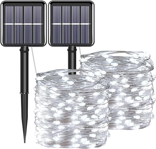 Miniatura 15 de YAOZHOU - Tira de luces solares azules de Navidad al aire libre impermeables, 2 paquetes, total 200 LED, 20.1 m, 8 modos, luces de hadas de cobre