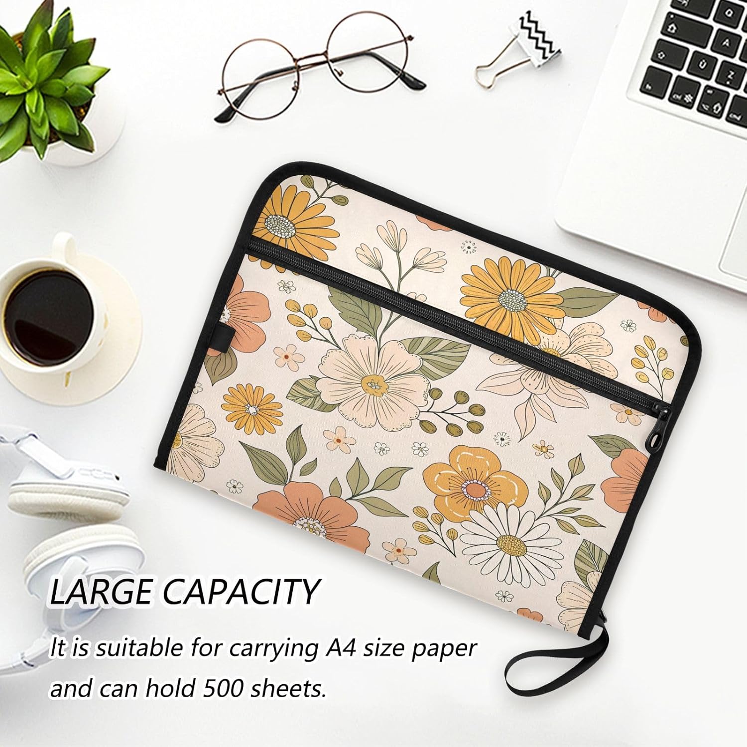 Retro Boho Flower 13 Pockets Expanding File Folder with Colorful Labels Accordion File Organizer A4 Letter Size