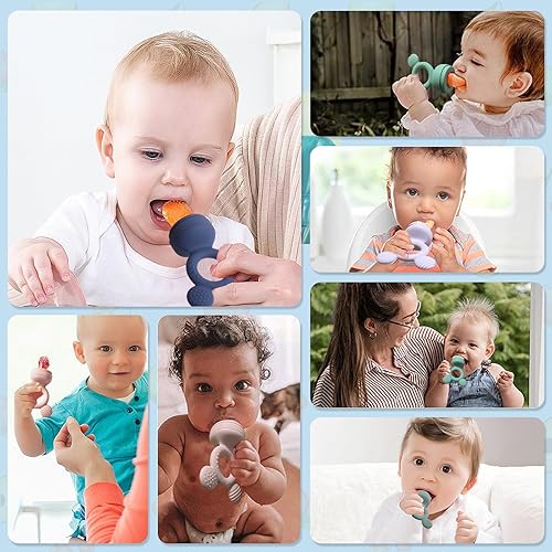Miniatura 7 de Comedero de frutas para bebés, juguetes de dentición congelados para bebés, chupete mordedor con 3 tetinas adicionales, esenciales para comer bebés,