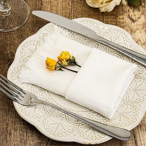 Miniatura 4 de Servilletas de tela hechas a mano con flecos, 18 x 18 pulgadas, juego de 6 servilletas de lino y algodón versátiles hechas a mano cuadradas rústicas