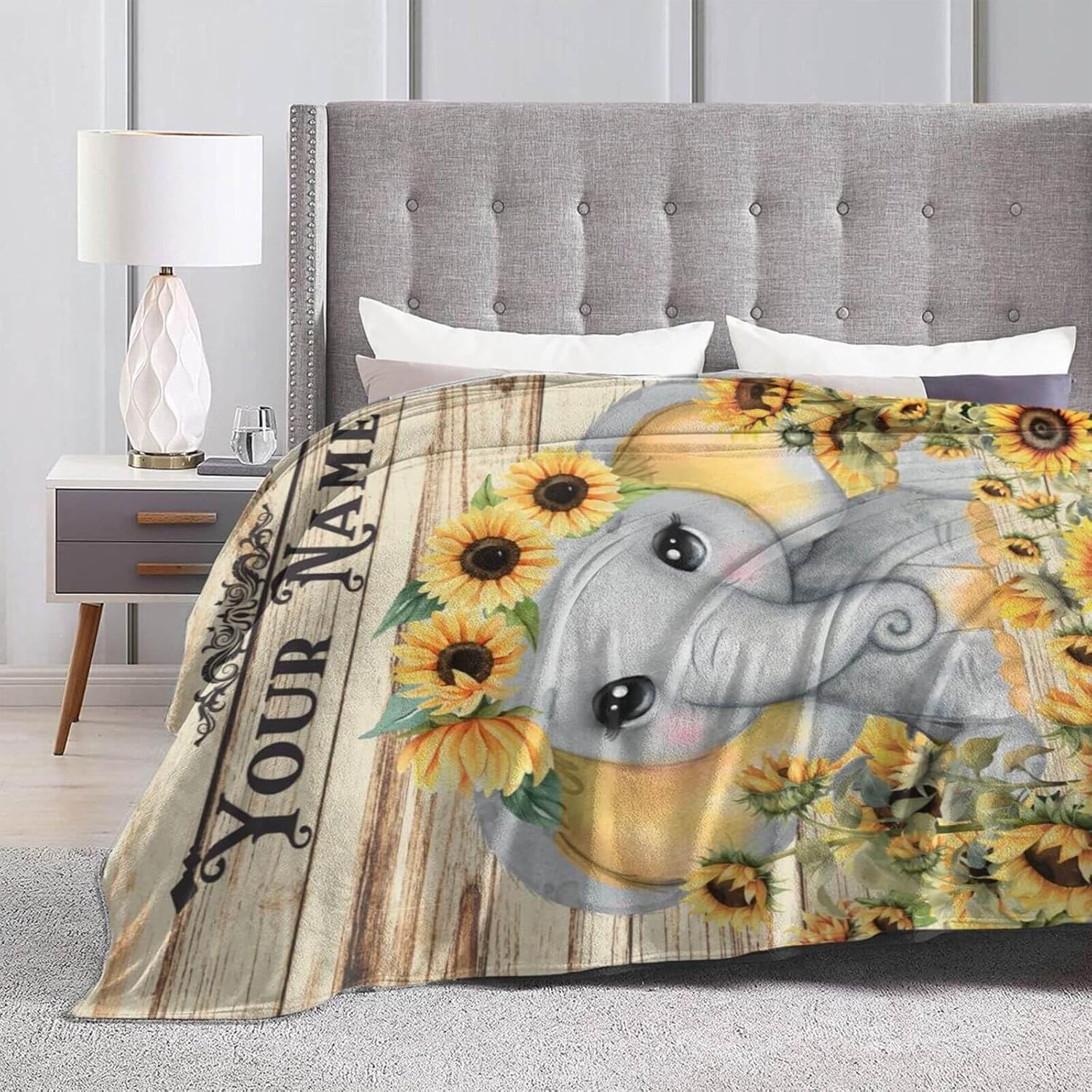 Custom Elephant Blanket with Name for Women Men, Personalized Cute Elephant Themed Design Printed Throw Blankets for Teens Adults Lap, Chair Sofa, Giftable Blanket, 50"x 60"