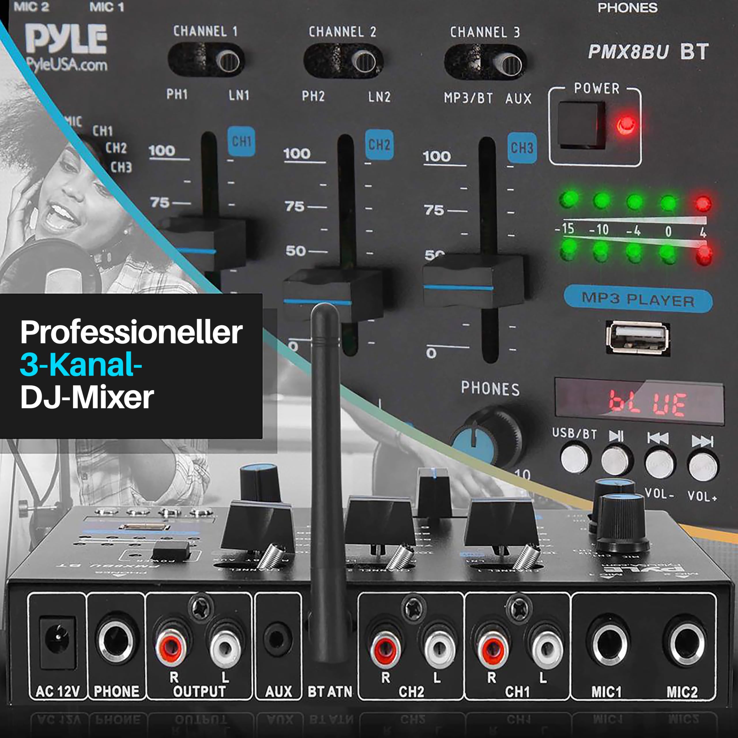 Pyle DJ Controller, DJ Mischpult für PC & Bluetooth– DJ Pult für Anfänger & Profis, Mini Mischpult 23,5cm als Mixer mit 3 Kanäle & vielfältige Anschlussmöglichkeiten als Digital Bluetooth