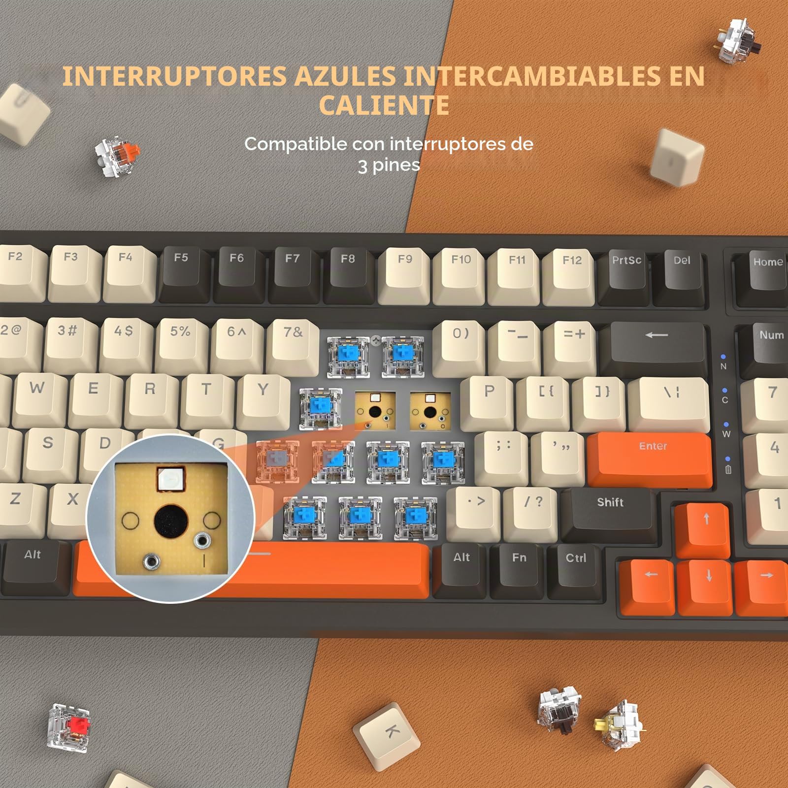 MAMBASNAKE × FREEWOLF K8 Teclado mecánico Colorido de 3-Modo, QWERTY Layout Bluetooth/2.4G, Teclado para Juegos 19RGB, Interruptor Azul de Intercambio en Caliente para PC Mac -Shimmer