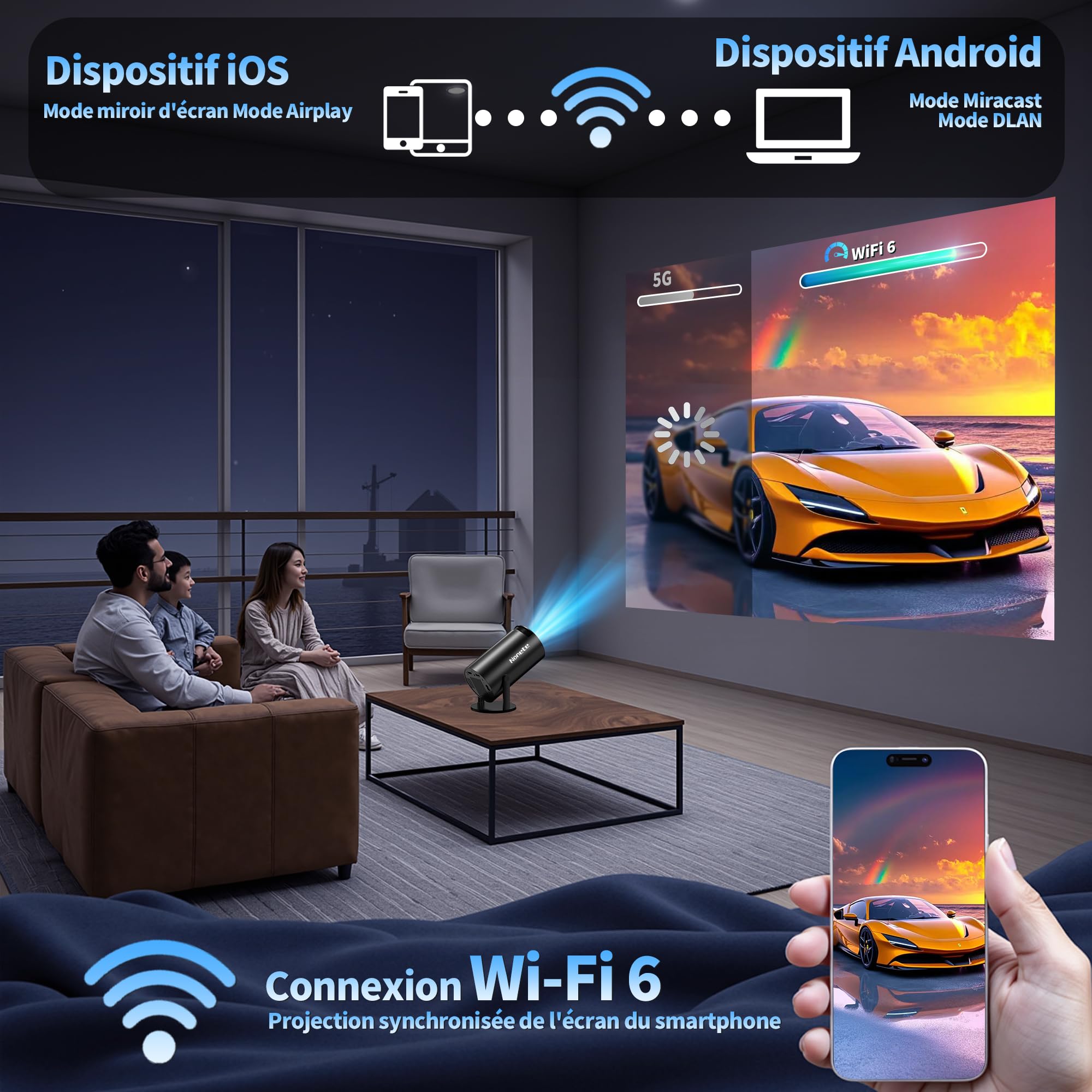 [App Intégrée & 2026 Upgraded] Vidéoprojecteur 4K 1080P Mini Projecteur avec WiFi 6 et Bluetooth 5.2 Supporte Auto Keystone 270° Rotation Compatibile avec HDMI/TV Stick/Memory Stick/PC, Noir