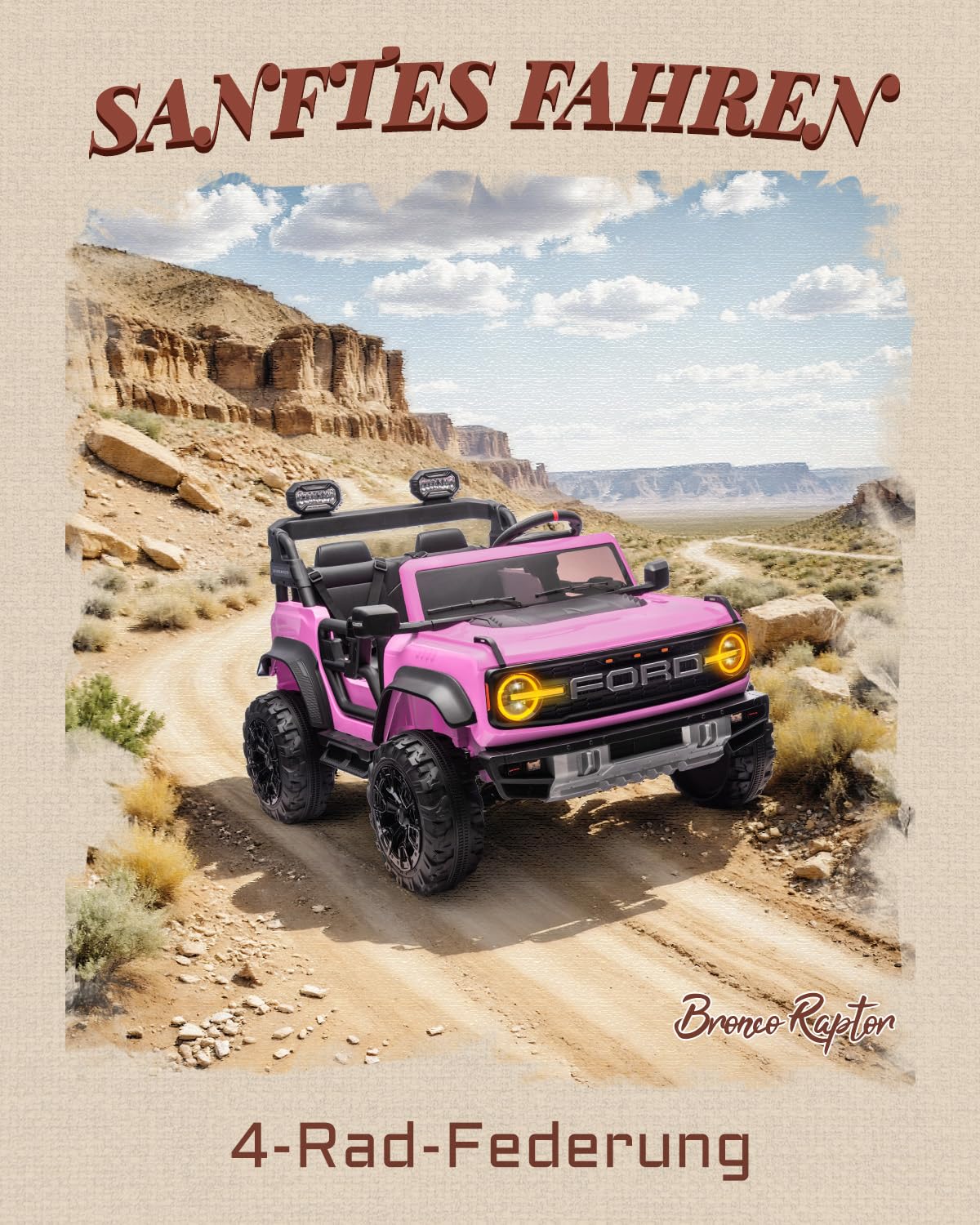 First Ride On Lizenzierter Ford Bronco Raptor, 24V Elektroauto für Kinder, 2-Sitzer Aufsitzauto mit Fernbedienung, LED-Licht, Musik, High/Low Speed (Rosa)
