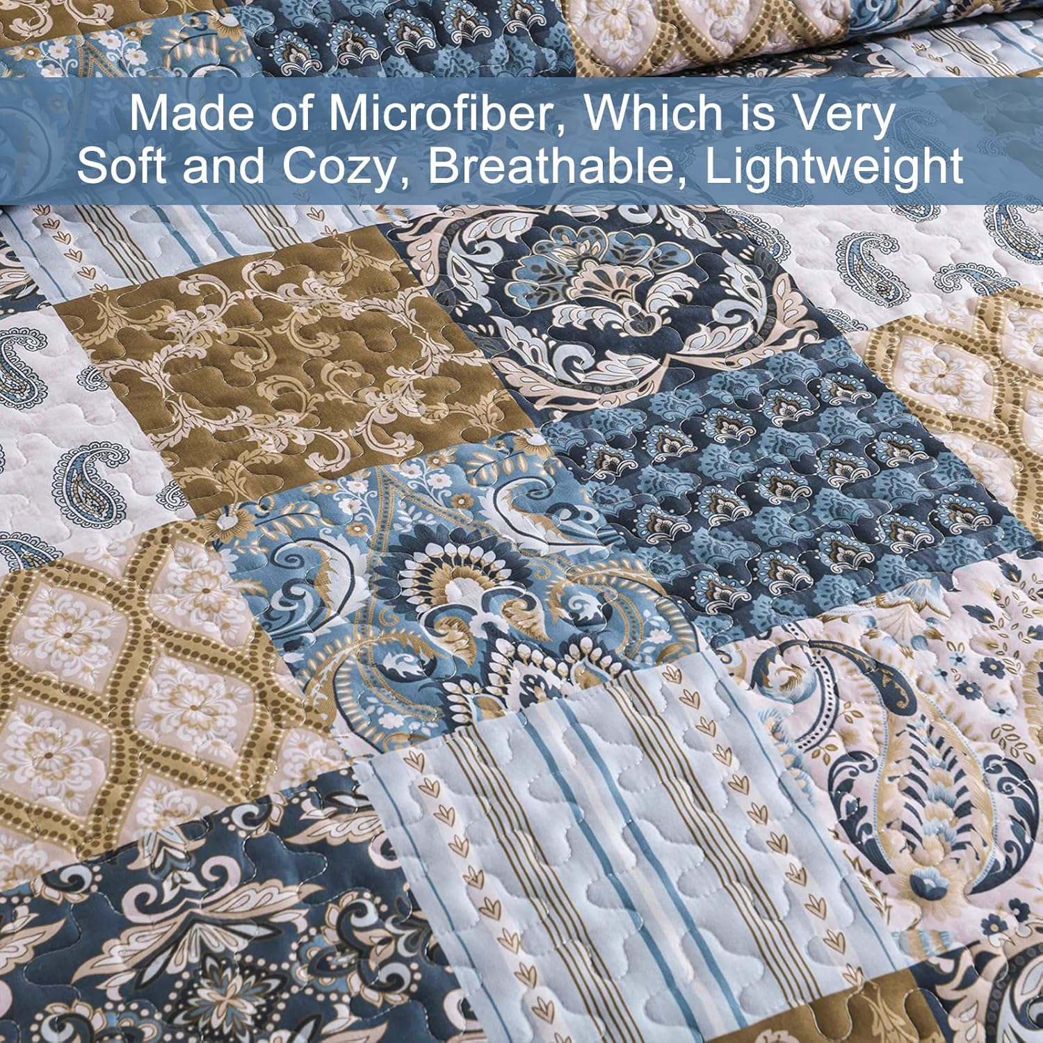 WONGS BEDDING Boho Quilt Set King Size, Blue Patchwork Plaid Bedspread Bedding Sets Paisley Soft Microfiber Quilts for King Bed 3 Pieces Coverlet Set for All Season (104"x90") - Image 5