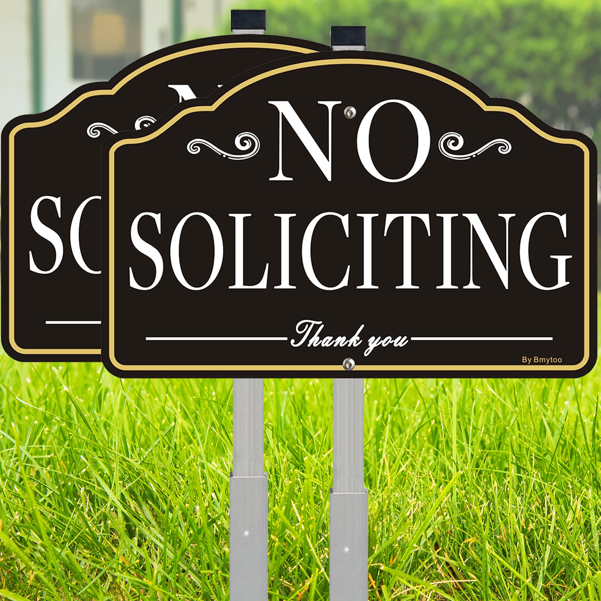 2 Pack No Soliciting Sign for House- with 28" Alloy Stake - 12" x 8" Metal No Soliciting Yard Sign for Home- Aluminum No Solicitors Sign - No