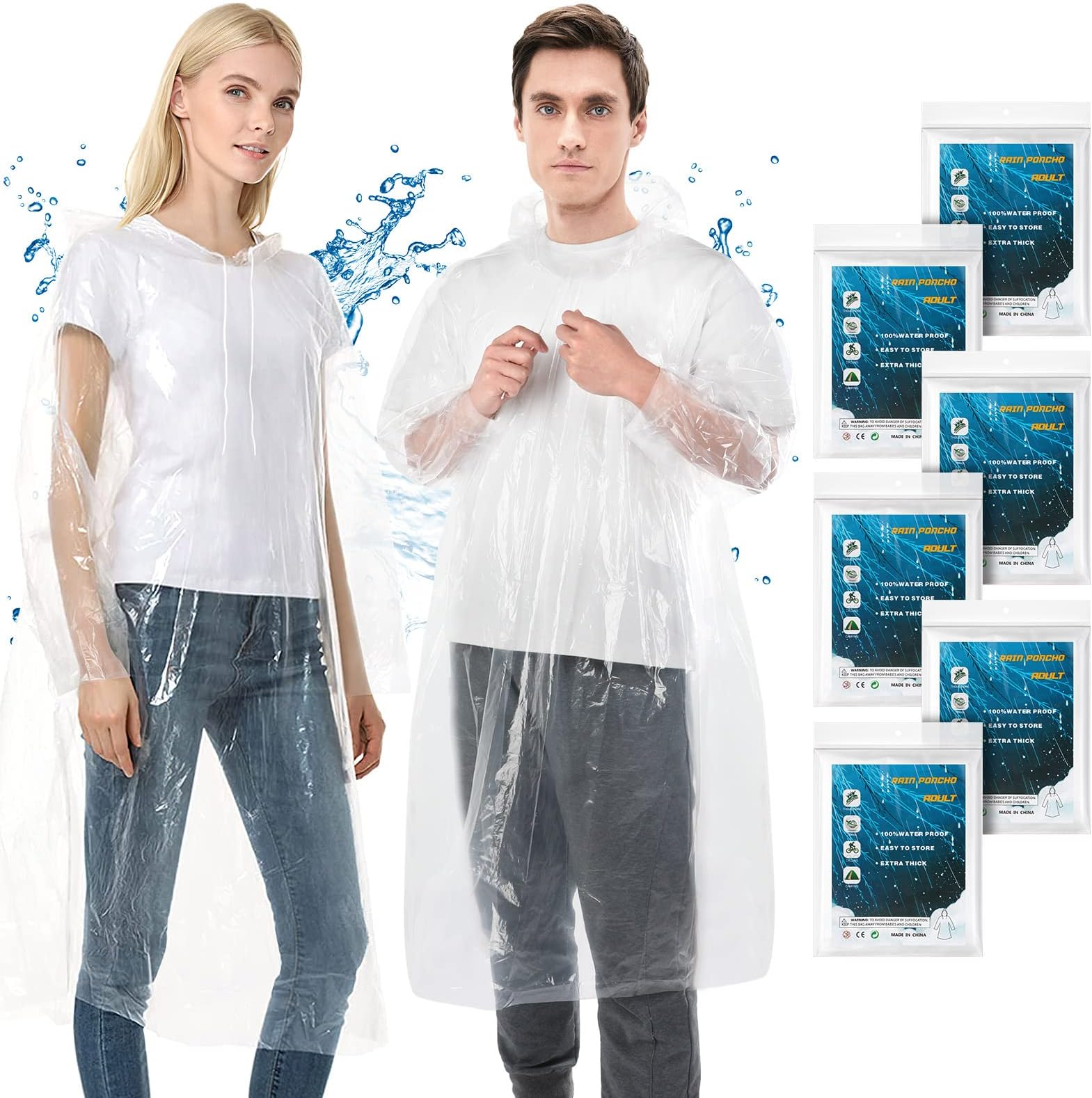 GINMIC 12-Pack Rain Ponchos for Adults Disposable Rain Ponchos, Adults Emergency Waterproof Raincoat with Hood, Individually Wrapped,Clear
