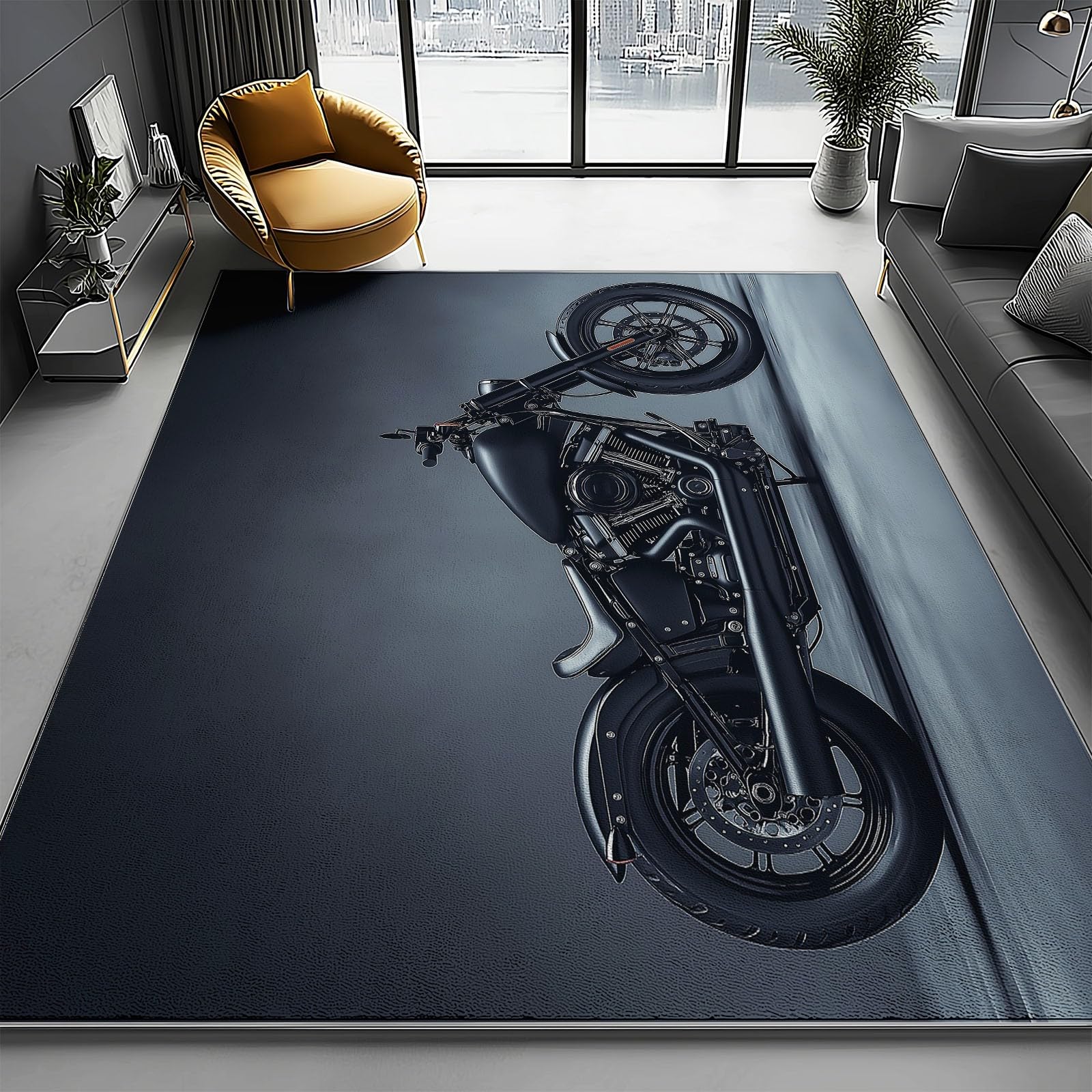 Tapis Salon Moto Moderne Imprimé Antidérapant 140 x 200 cm Noir