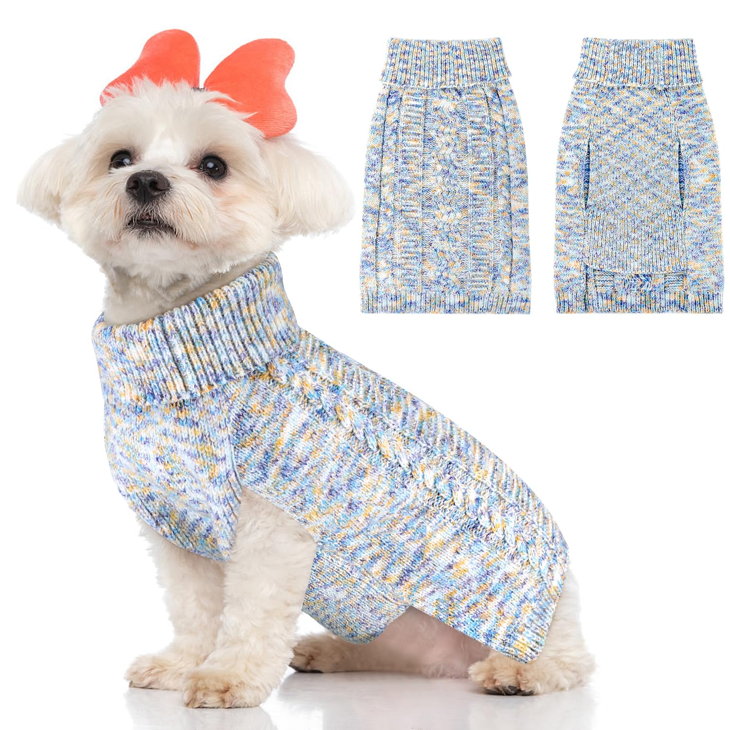 SlowTon Small Dog Sweater - Turtleneck Classic Cable Knitted Doggie Knitwear with Leash Hole,Winter Warm Pet Pullover Clothes for Puppy Small Medium Dogs (Blue/Pink)