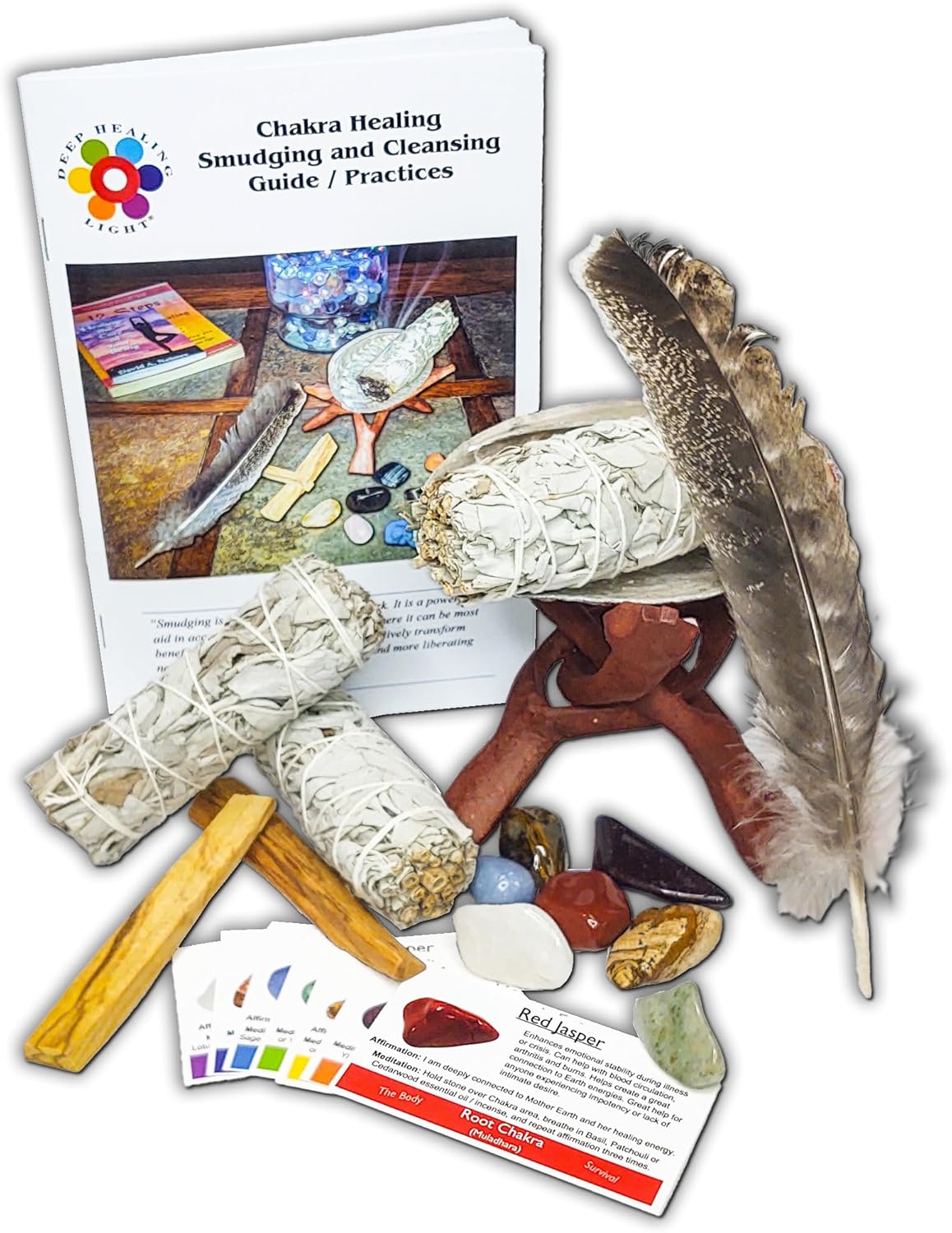 Chakra Healing & Smudging – Ultimate 23-Pc Kit with Chakra Stones, White Sage, Palo Santo, Abalone Shell, Tripod Stand and Guide. Ideal for Clearing Negative Energy and Cleansing Your Space.