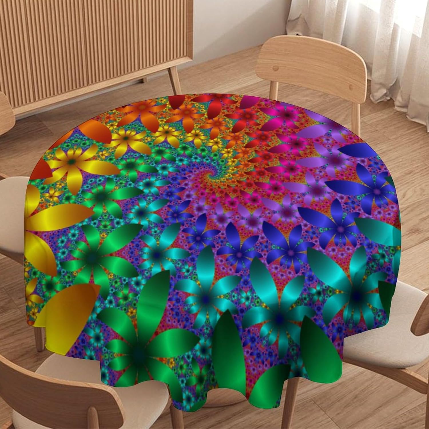 Tie Dye Round Tablecloth Rainbow Floral Spring Reusable Decoration Table Cover for Kitchen Party Bedroom Living Room Dinner Home Wedding, Round 70x70 Inch