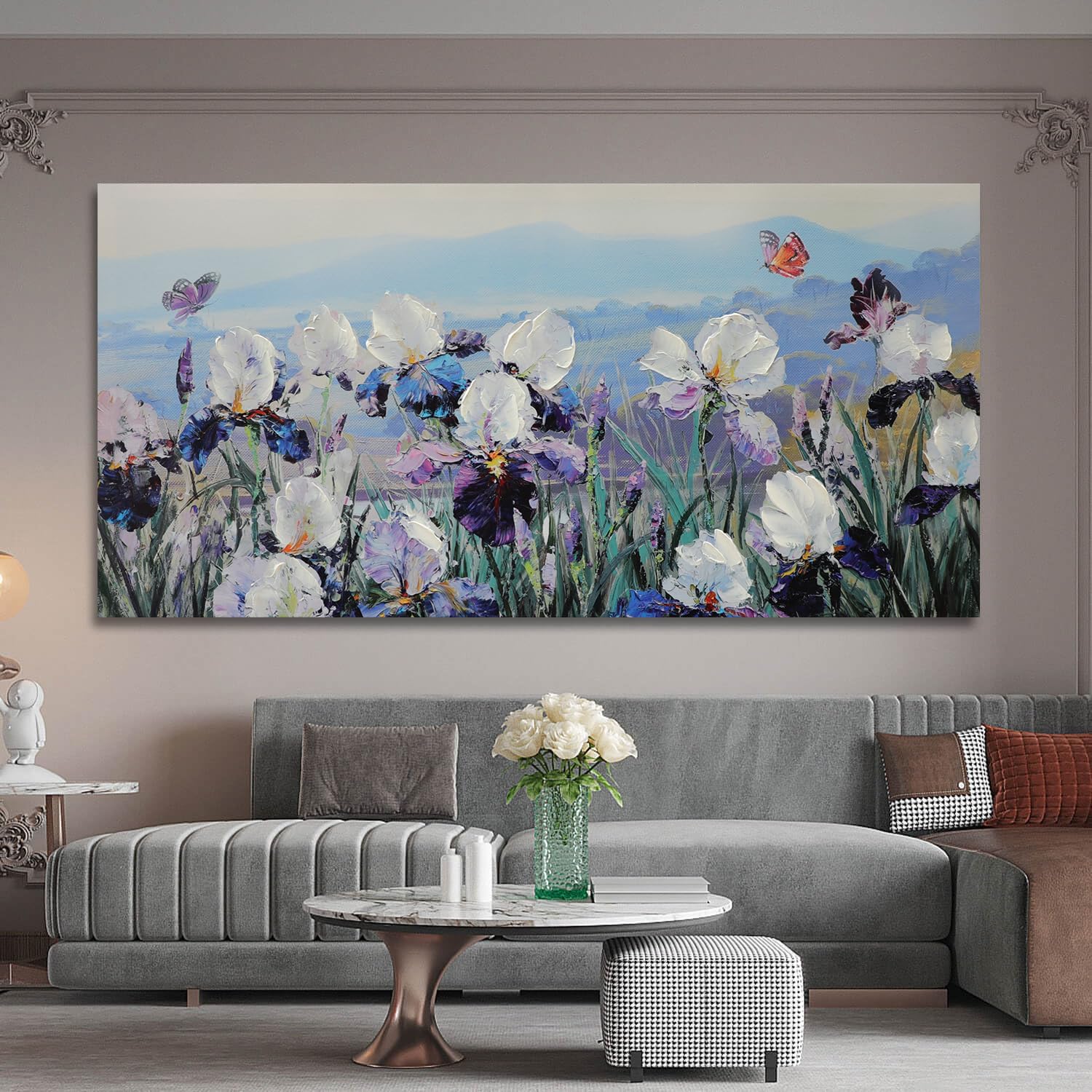 Enartly Flower Wall Art Blooming Purple White Irises Floral Landscape Textured Canvas Painting, Nature Scenery Large Artwork Framed for Bedroom Living Room Bathroom Home Office Wall Decor 40"x20"