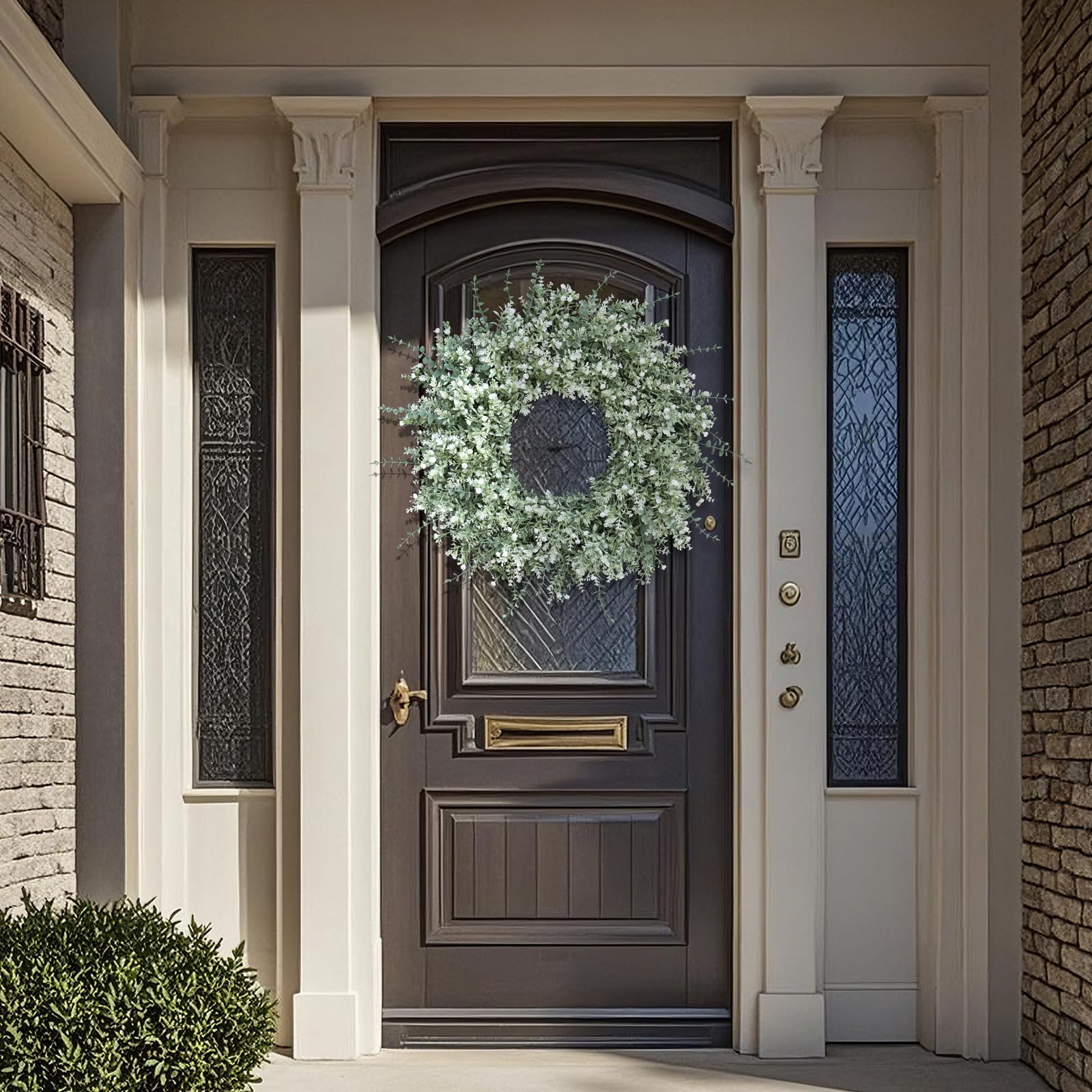 Corona grande de eucalipto de 26 pulgadas para puerta delantera, porche, eucalipto artificial y lavanda con flores de aliento de bebé para el hogar, decoración de pared de granja, primavera, verano