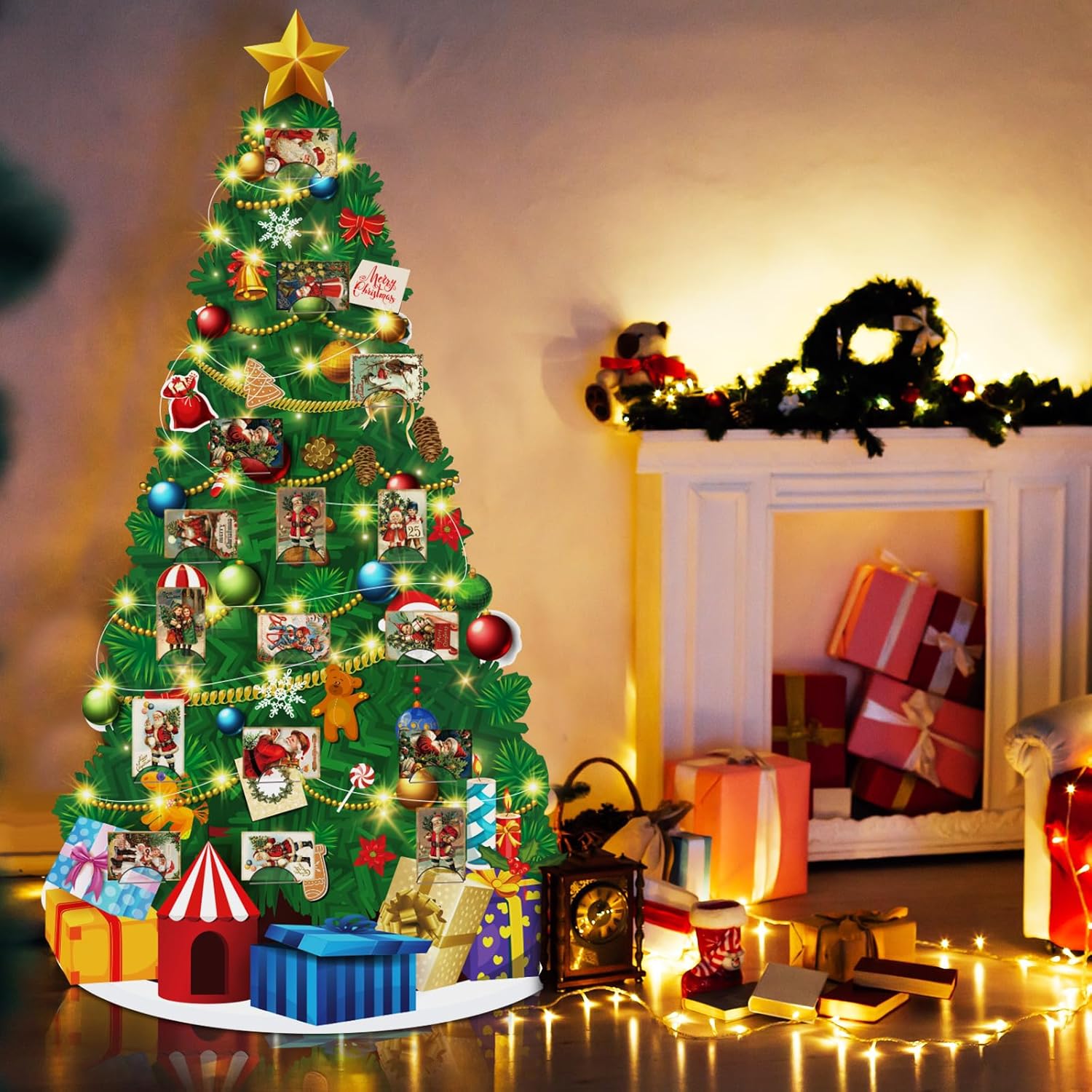 Outus 2 Pcs 72 Inches Christmas Tree Life Size Cardboard Cutout with LED Light Jointed Christmas Tree Cardboard Cutout Paper Flat Christmas Wall Decor for Xmas New Year Gifts Door Wall Hanging Decor