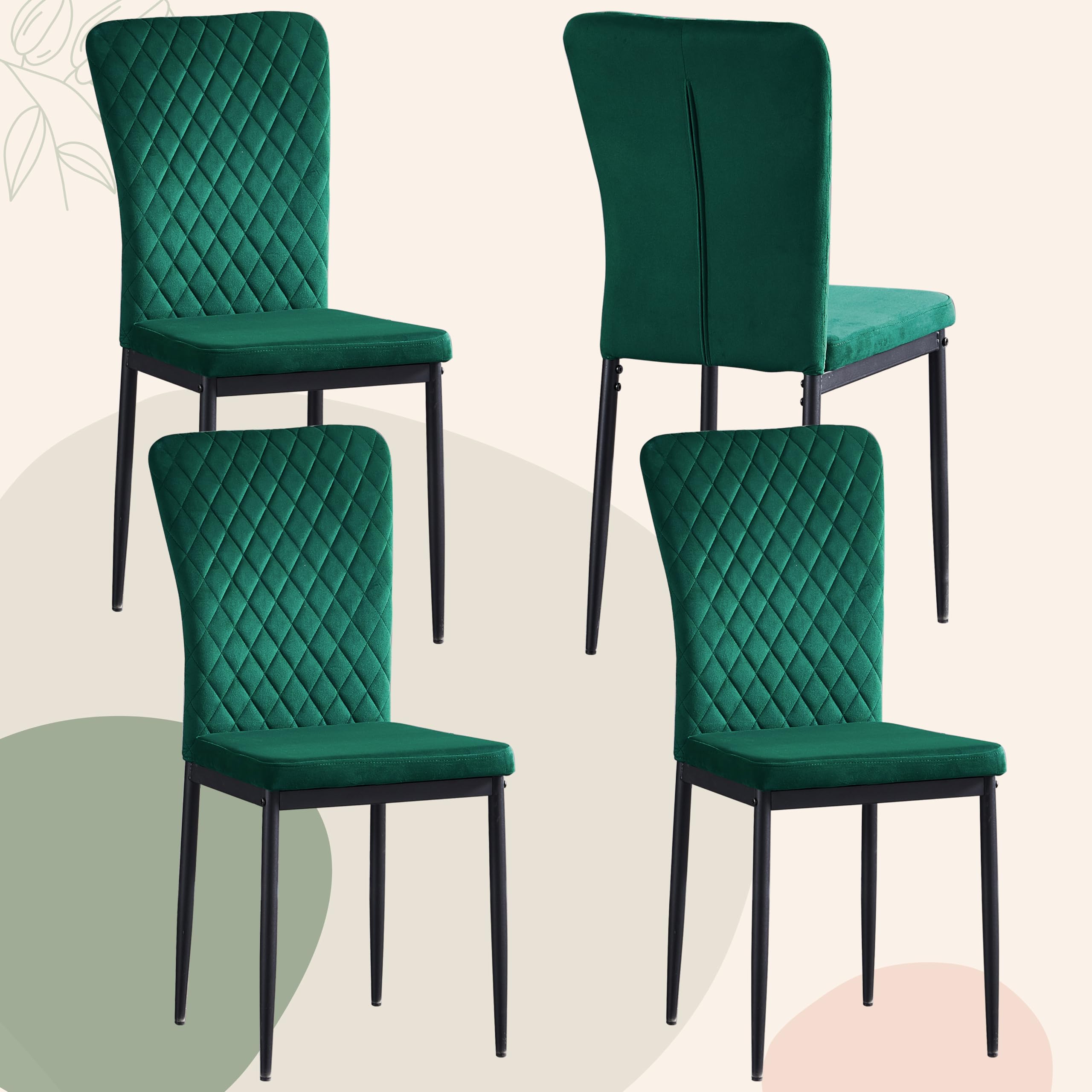 Dining Chairs Set of 4 Velvet Kitchen Living Room Chairs High Back Metal Frame Modern Lattice Design,Green