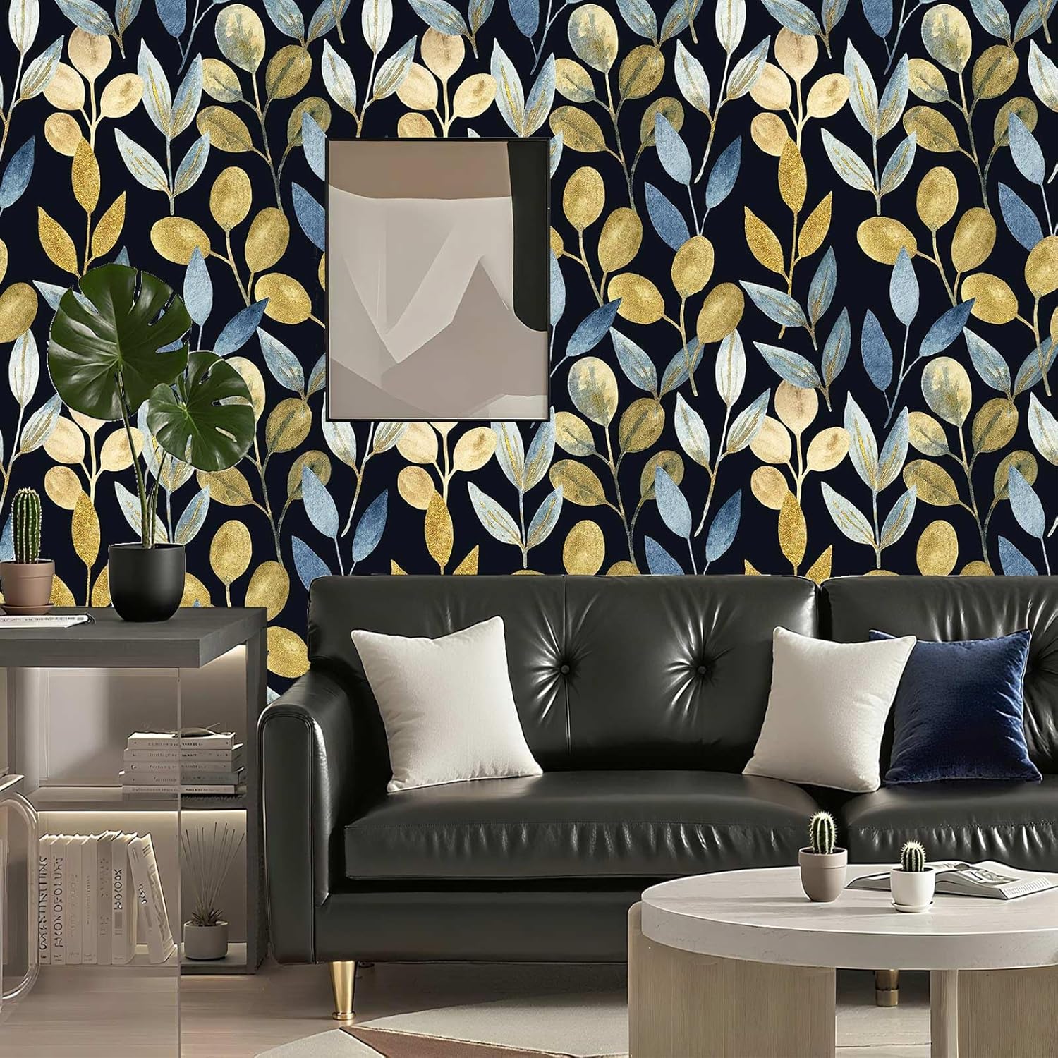 Blue Gold Leaf Peel and Stick Wallpaper Self Adhesive Dark Floral Waterproof Removable Accent Wall Paper for Bedroom Bathroom Living Room Wallpaper 17.7"x354"