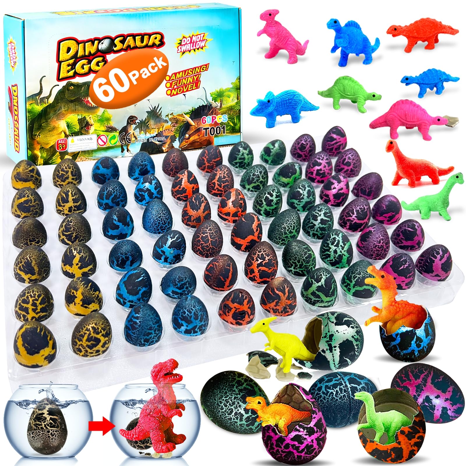 60 Pcs Hatching Dinosaur Eggs for Kids Party Favors, Easter Egg Filled with Toys Novelty Grow in Water Dino Eggs with Toys Inside Easter Basket Stuffers Birthday Gifts, Classroom Prize, Pinata Fillers