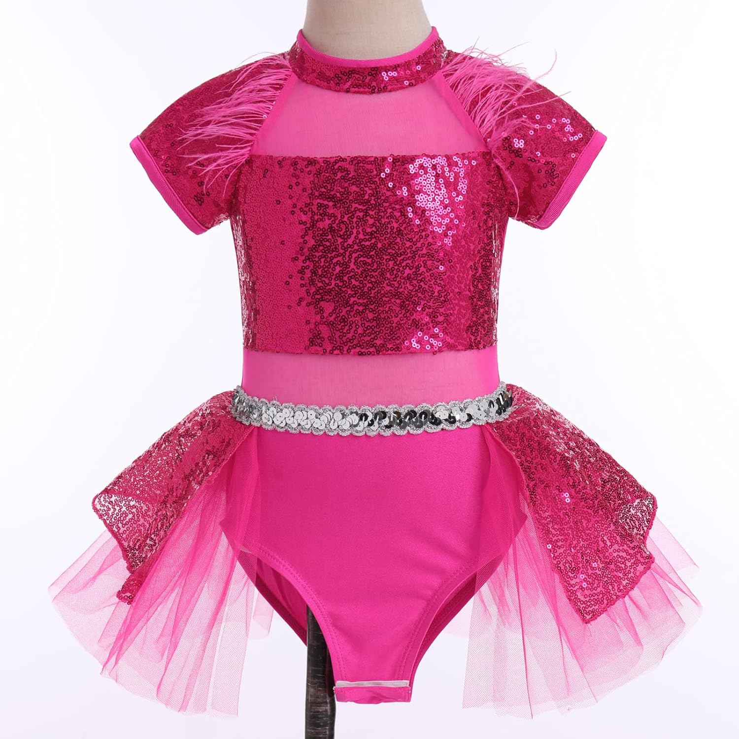 ODASDO Girls Shiny Sequins Ballet Dance Leotard Short Sleeve Feather Tutu Dress Hip Hop Latin Jazz Stage Performance Outfit - Image 3