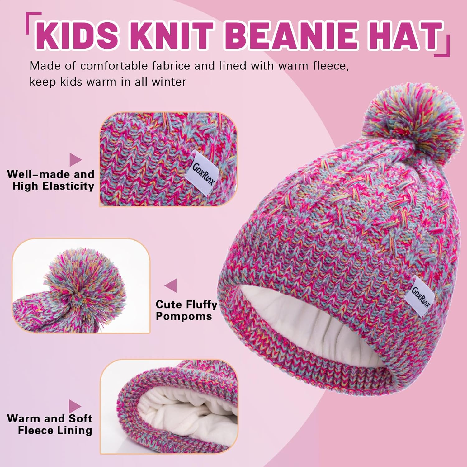 Kids Winter Hat Gloves Scarf Set, Girls Boys Winter Beanie Hat Mittens Scarf Knit Set with Thick Fleece Lined for Children - Image 3