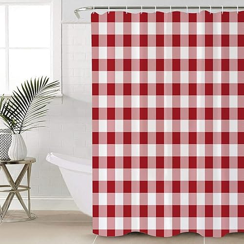 Juego de cortinas de ducha a cuadros rojos, cortina de ducha lavable de 72 x 84 pulgadas con 12 ganchos, cortinas de ducha de tela impermeable a