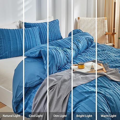 Miniatura 8 de WARMDERN Juego de funda de edredón de color azul turquesa, tamaño Queen, funda de edredón texturizada a rayas, juego de ropa de cama bohemio, 3