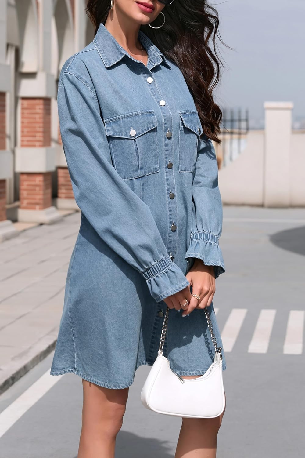 Women's Denim Shirt Dress Long Sleeve Button Down Casual Jean Dress with Elastic Cuffs - Image 5