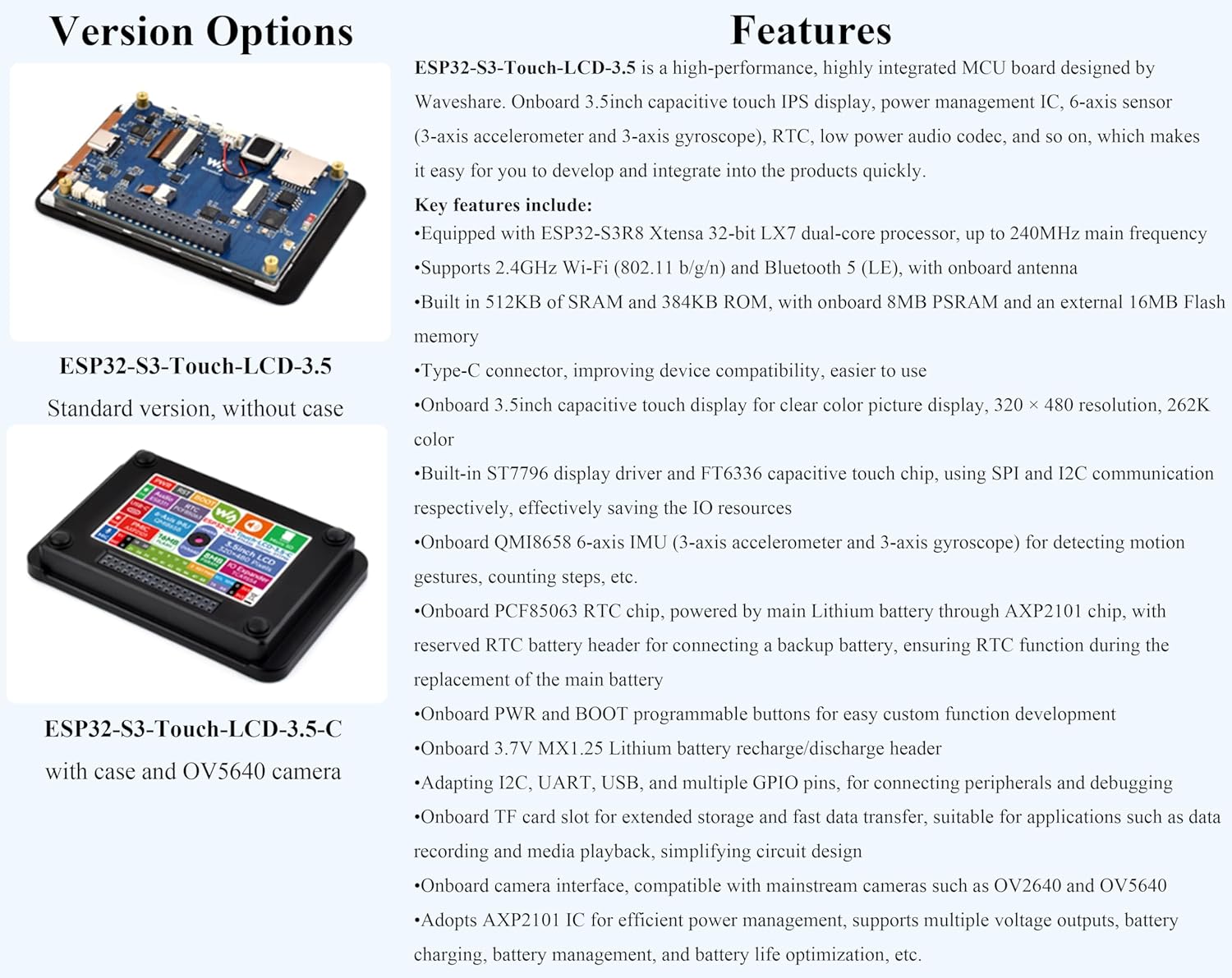 ESP32-S3 3.5inch Capacitive Touch Display Development Board, 320x480 IPS LCD 262K, Onboard Camera Interface, Supports AI Speech Interaction and Offline Voice Control,WFi/BLE 5,Comes with Speaker