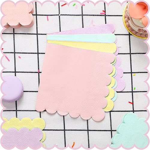 Miniatura 4 de Qilery Paquete de 100 servilletas de cóctel en colores pastel, estilo bohemio, con bordes festoneados, de papel pastel, de arcoíris, servilletas