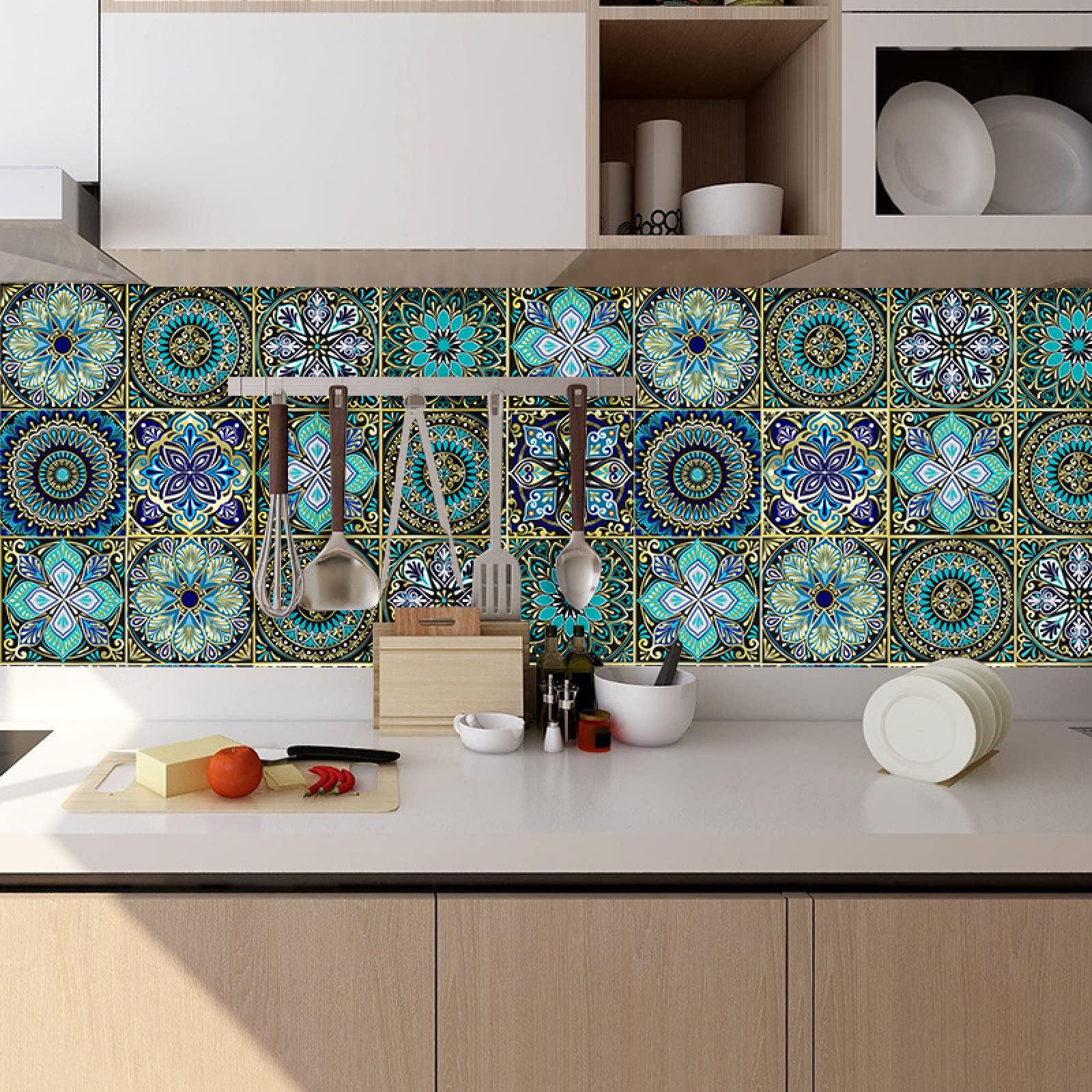 Naklejki imitujące płytki mozaikowe, Peel And Stick PVC Tile Stickers Kitchen Bathroom Green Pattern 10-20cm 10-30PCS(15cm x 15cm*30PCS)