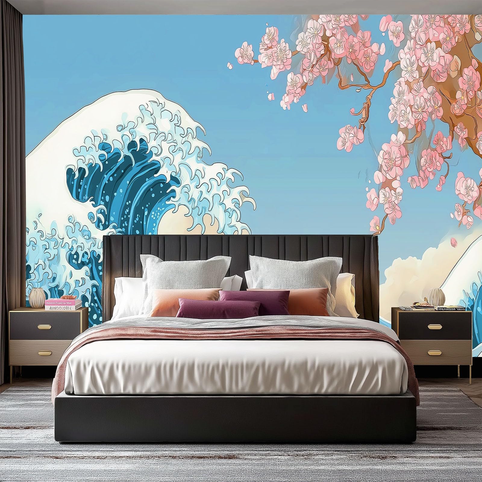 Tapeta samoprzylepna na ścianę w stylu japońskim, 400 x 280 cm granatowa tapeta z kreskówkowym kwiatem wiśni góra Fuji druk folia samoprzylepna do mebli do sypialni salonu łazienki kuchni