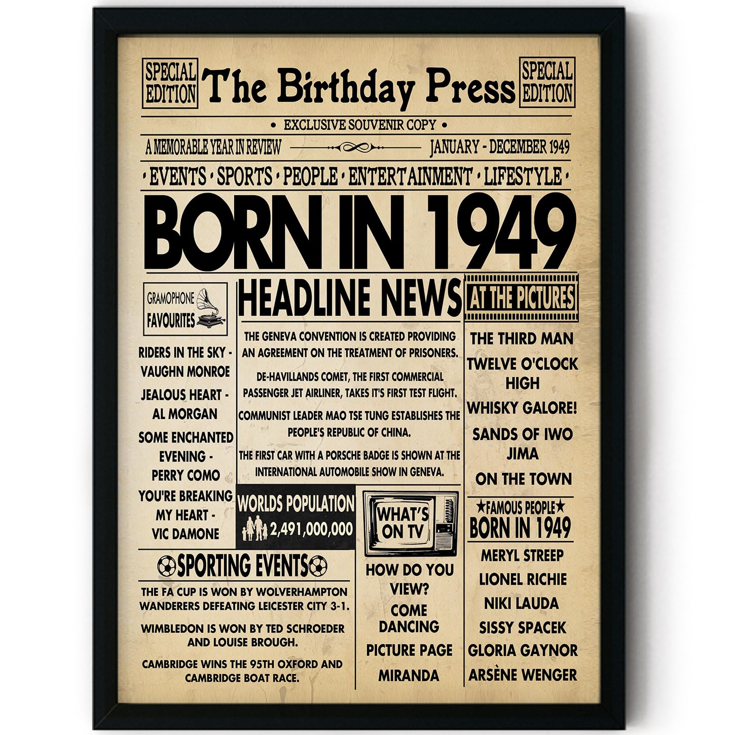 Stuff4 77th Birthday Poster Framed - Born In 1949 Newspaper - Happy 77th Birthday Gifts for Men Women Vintage Retro Back In 1949, 8x10 Inch Bday Party Decor Decoration