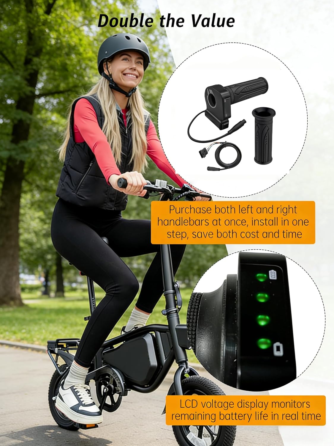 48V Electric Bike Throttle Grip with LCD Voltage Display & Cruise Control, 6-Pin Connector, Compatible with Jetson Haze, DYU Y16 & Folding Ebike